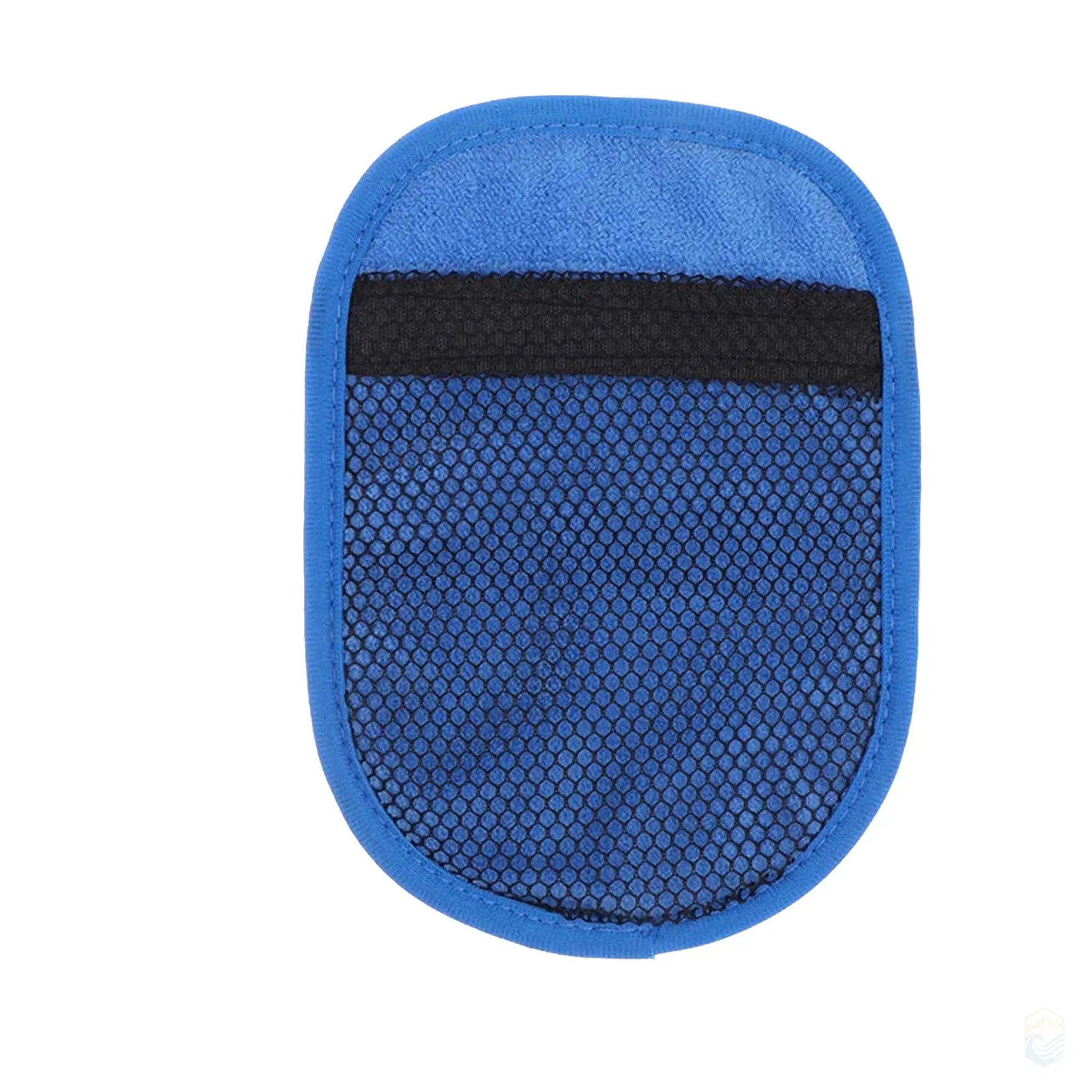 Large blue beach sand remover hand pad in A style, featuring a rugged textured mesh surface and a black elastic strap for firm grip and thorough sand removal.