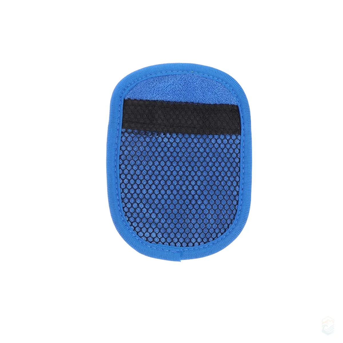 Small blue beach sand remover hand pad in A style, featuring a durable textured mesh surface and a black elastic strap for secure handling and effective sand removal.