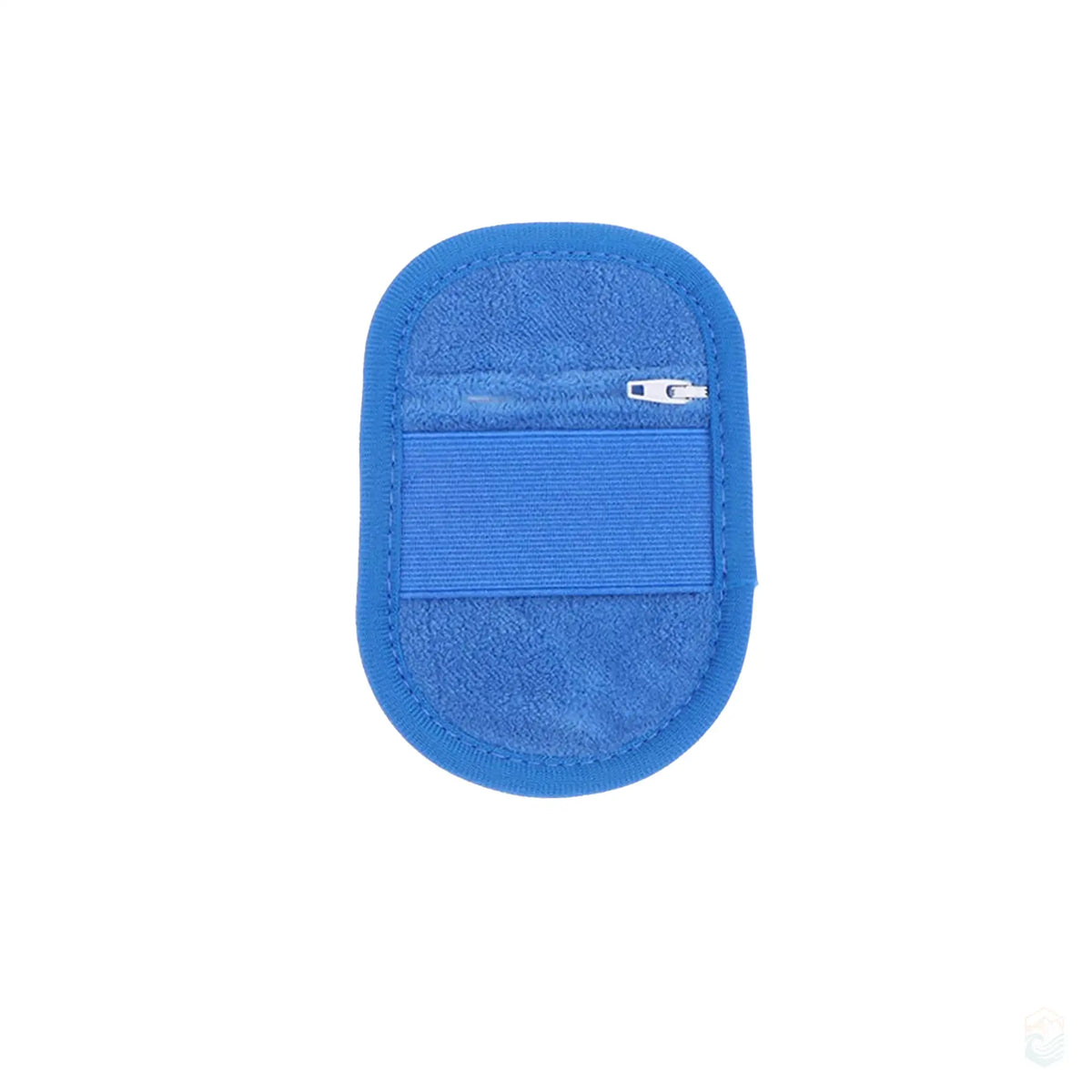 Blue beach sand remover hand pad in B style, small size, featuring a soft textured surface with a convenient elastic strap and a small zippered pocket for easy handling and sand removal.