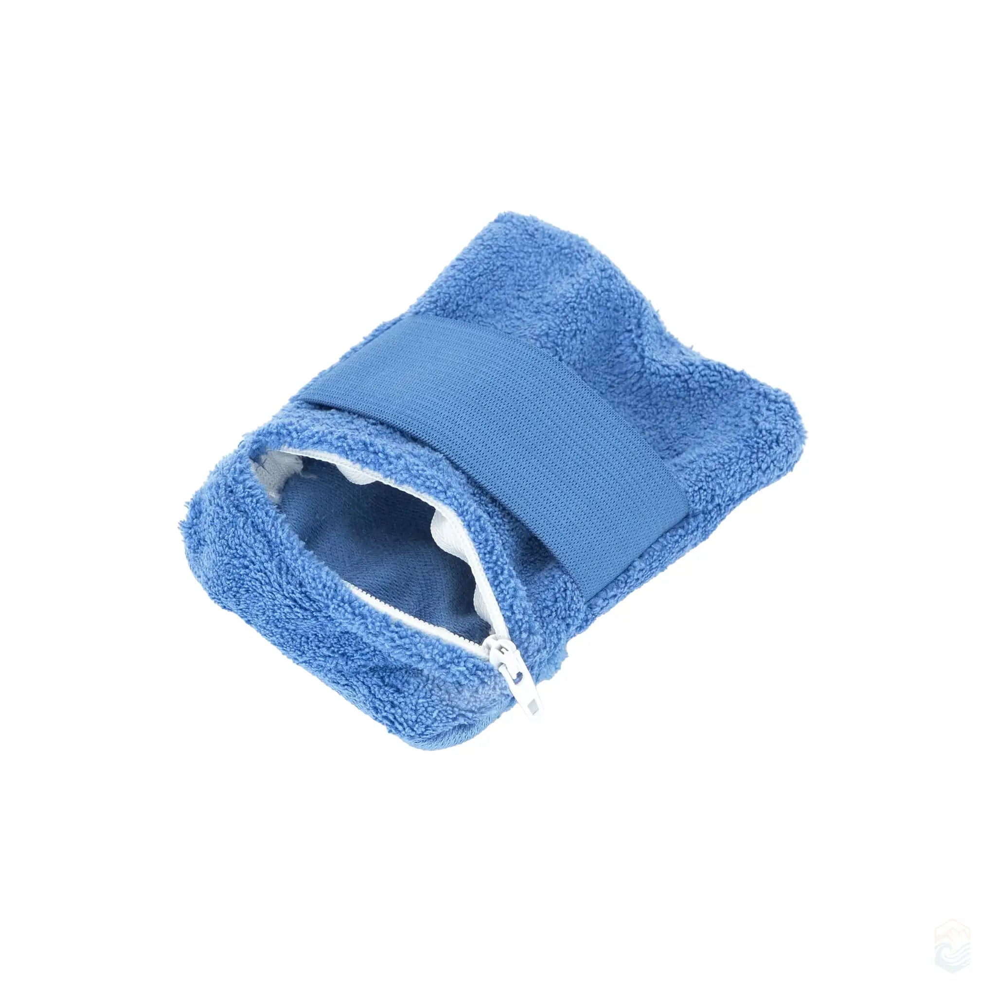 Close-up image of the blue lightweight portable sand remover beach towel accessory, showcasing its zipper and elastic strap design, ideal for securely storing and using the accessory to remove sand from towels and beach gear.