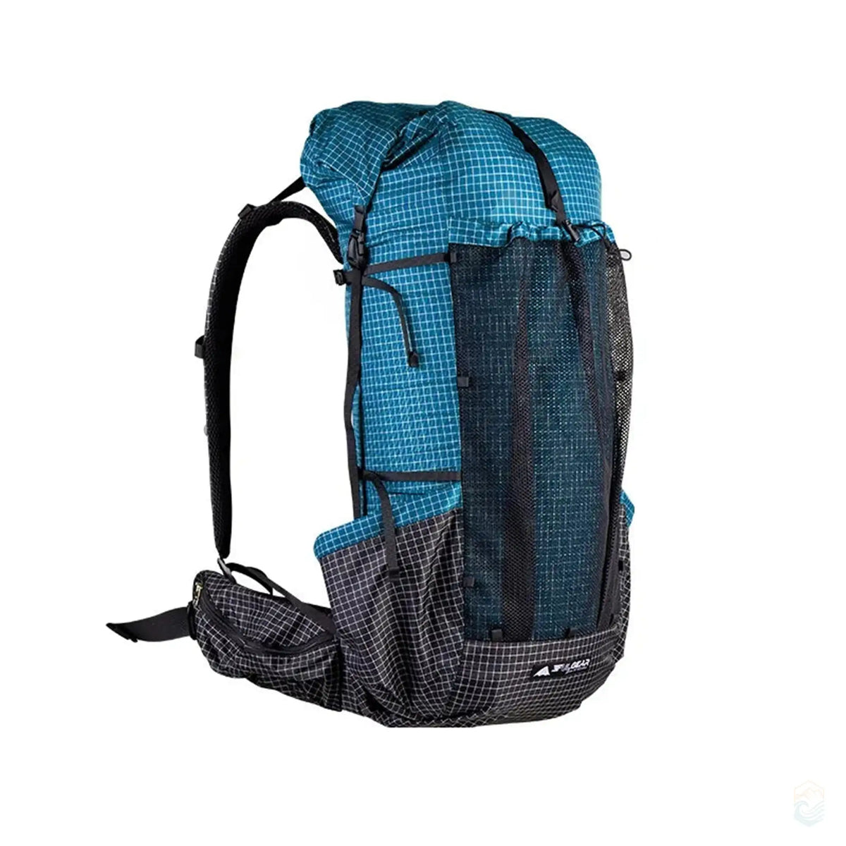 3F UL Gear ultralight frameless hiking backpack in blue with a large main compartment, front mesh storage, adjustable padded straps, and a waterproof design. Great for long-distance hiking and lightweight trekking.