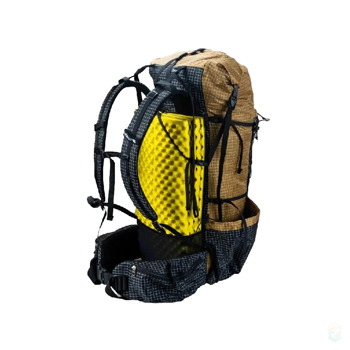 3F UL Gear ultralight hiking backpack in brown with a yellow foam sleeping pad secured in the front mesh storage area. The backpack features multiple compartments, adjustable straps, and a lightweight, durable design for outdoor trekking.