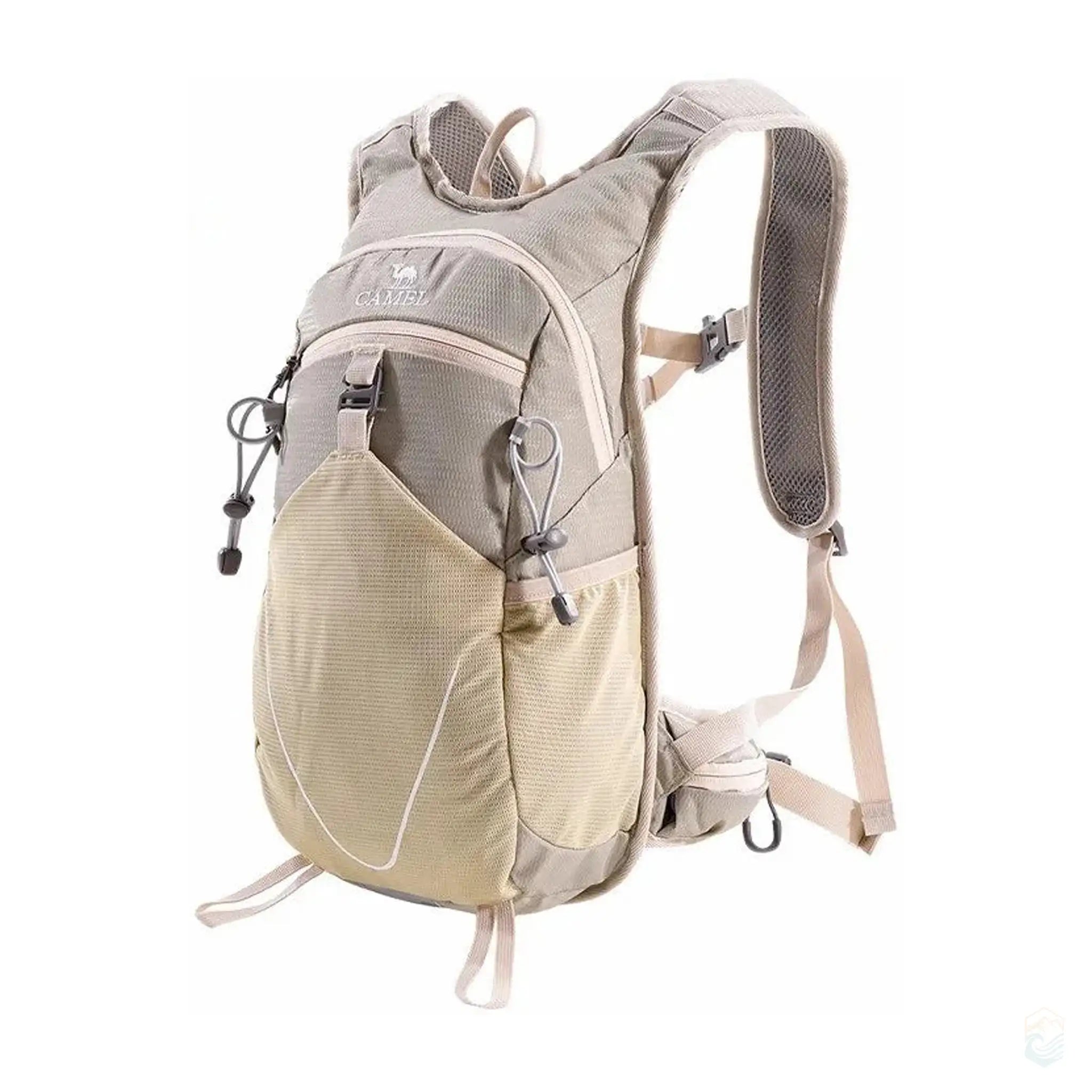 Camel 12L compact hiking backpack in khaki, featuring a lightweight and ergonomic design with multiple pockets and adjustable straps, perfect for day hikes and outdoor adventures.