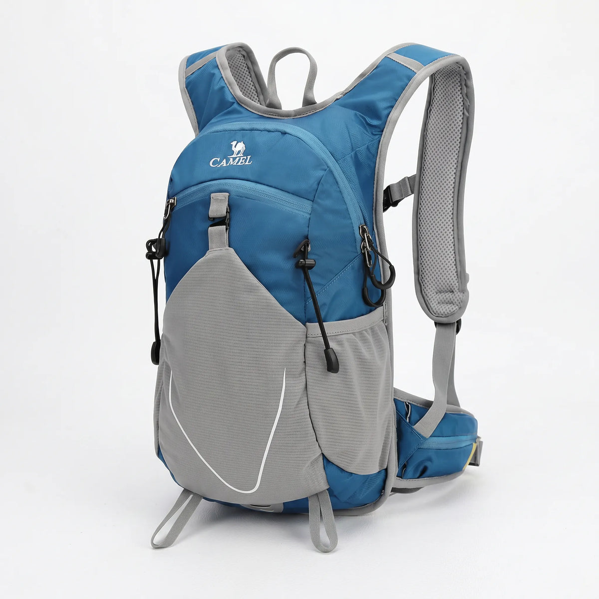 Camel 12L hiking backpack in dark aqua with lightweight waterproof construction, breathable padded shoulder straps, front mesh storage pocket, side stretch pockets, and ergonomic 12L capacity for hiking, trekking, camping, cycling, trail running, travel, and outdoor adventures.