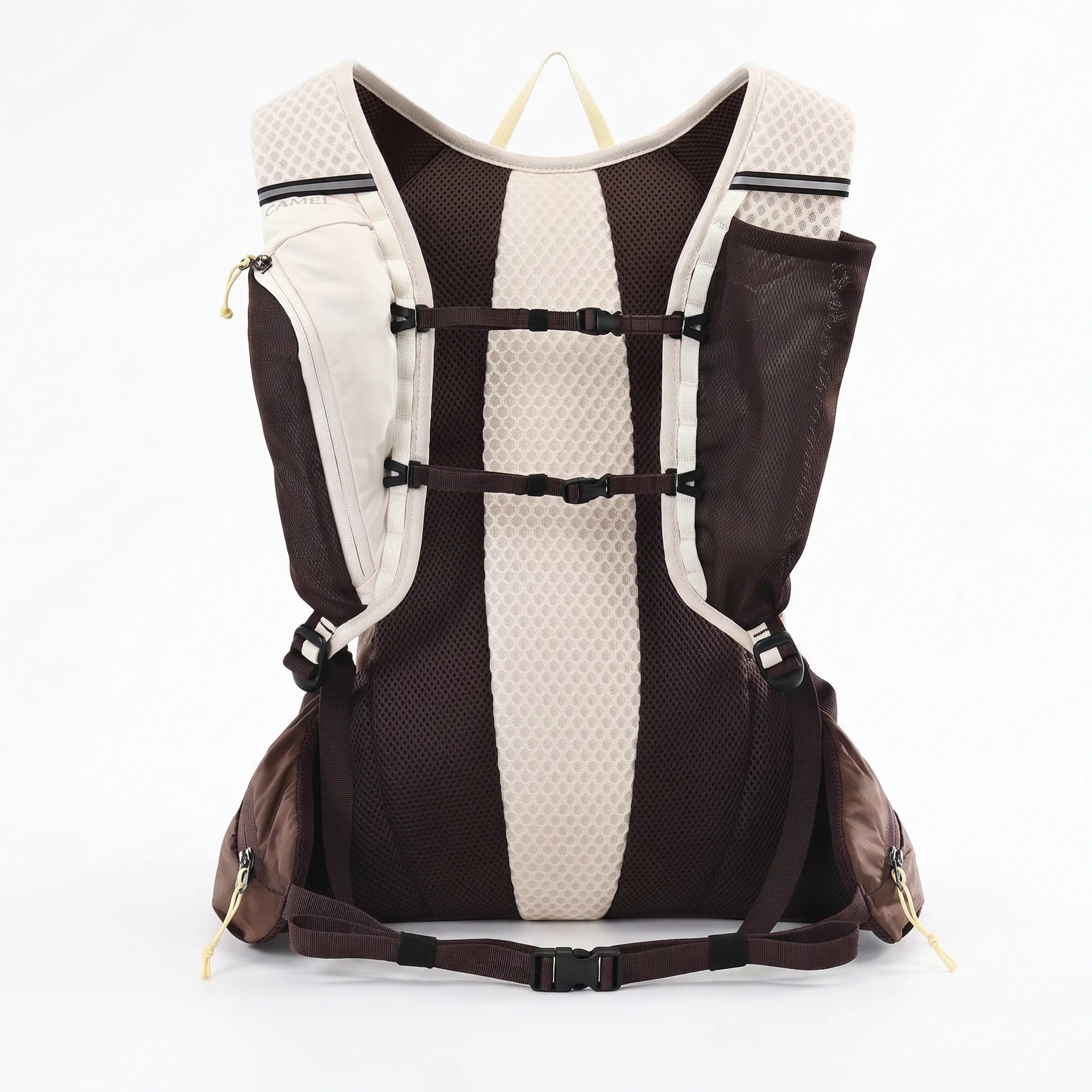Rear view of the brown Camel 20L hiking backpack with breathable mesh padding, adjustable shoulder straps, chest straps, and waist belt.