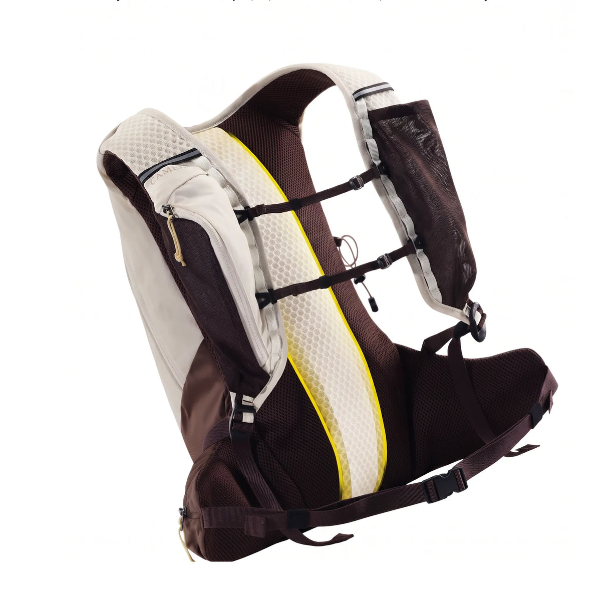 Brown Camel 20L hiking backpack showing breathable honeycomb mesh back padding, shoulder straps, and adjustable waist support.