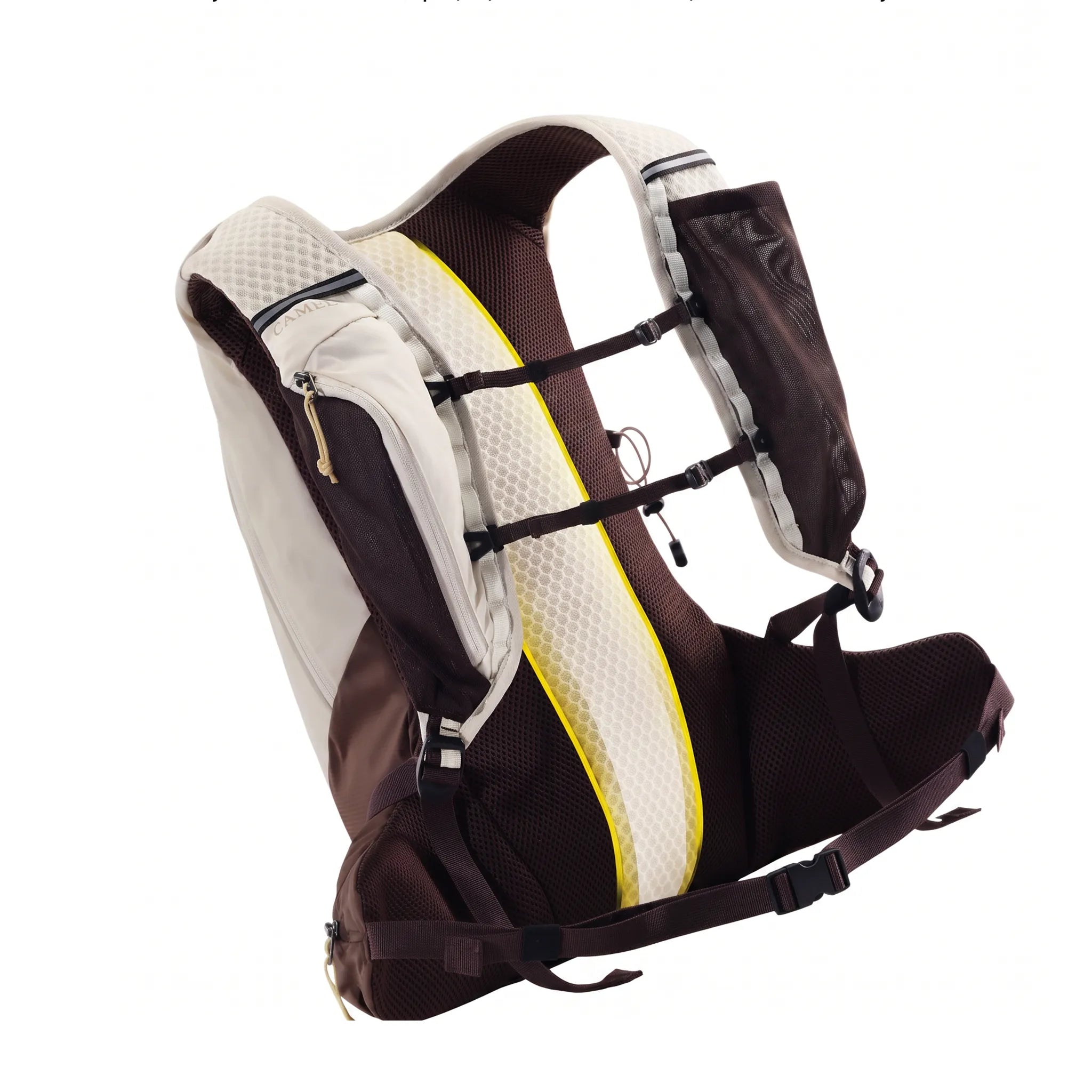 Brown Camel 20L hiking backpack showing breathable honeycomb mesh back padding, shoulder straps, and adjustable waist support.