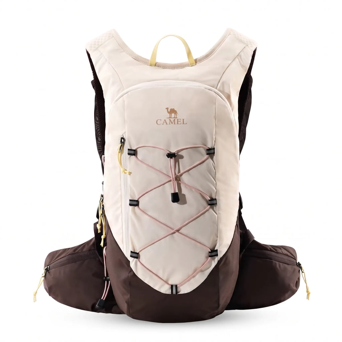 Front view of the brown Camel 20L lightweight hiking backpack with elastic bungee storage and zippered waist pockets.