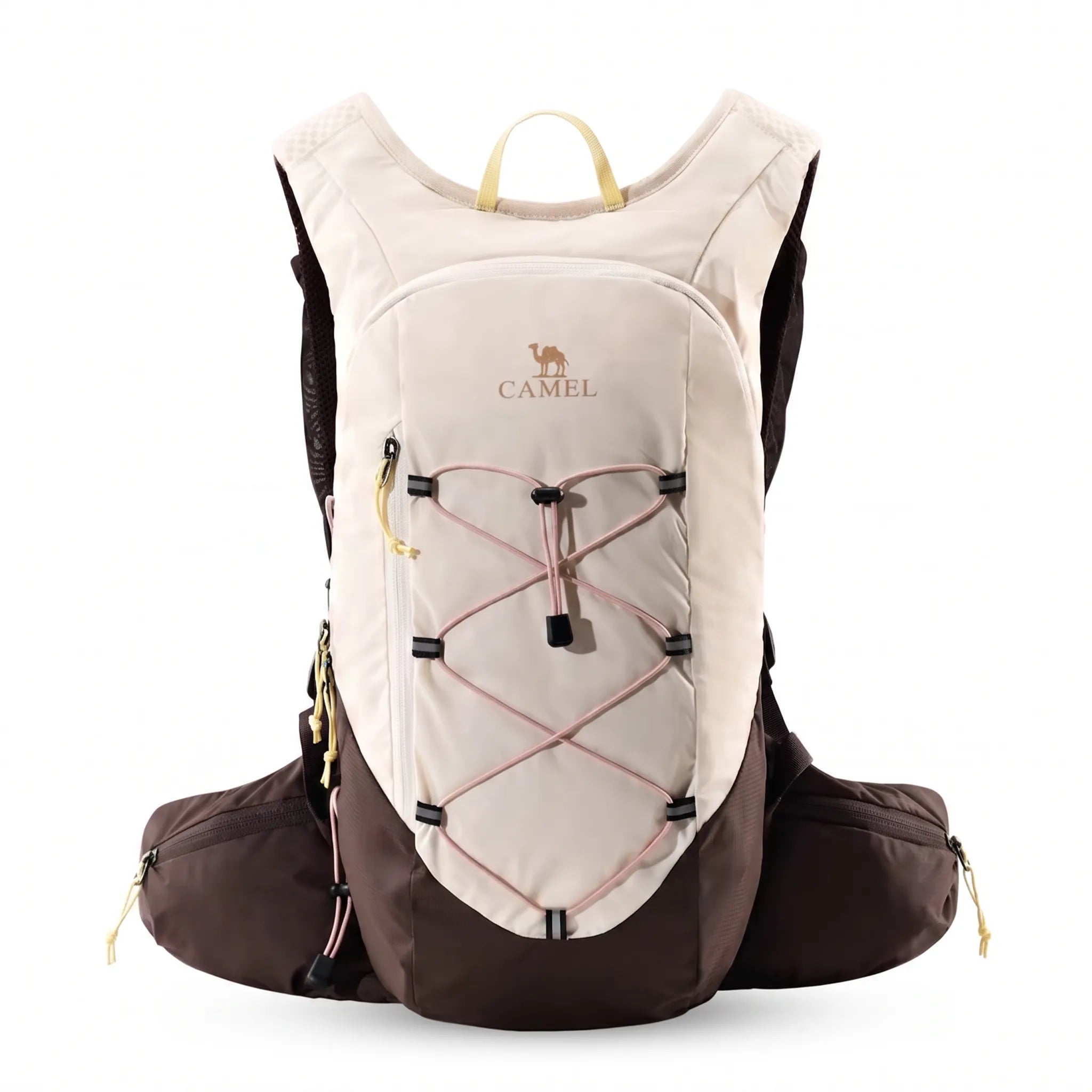Front view of the brown Camel 20L lightweight hiking backpack with elastic bungee storage and zippered waist pockets.