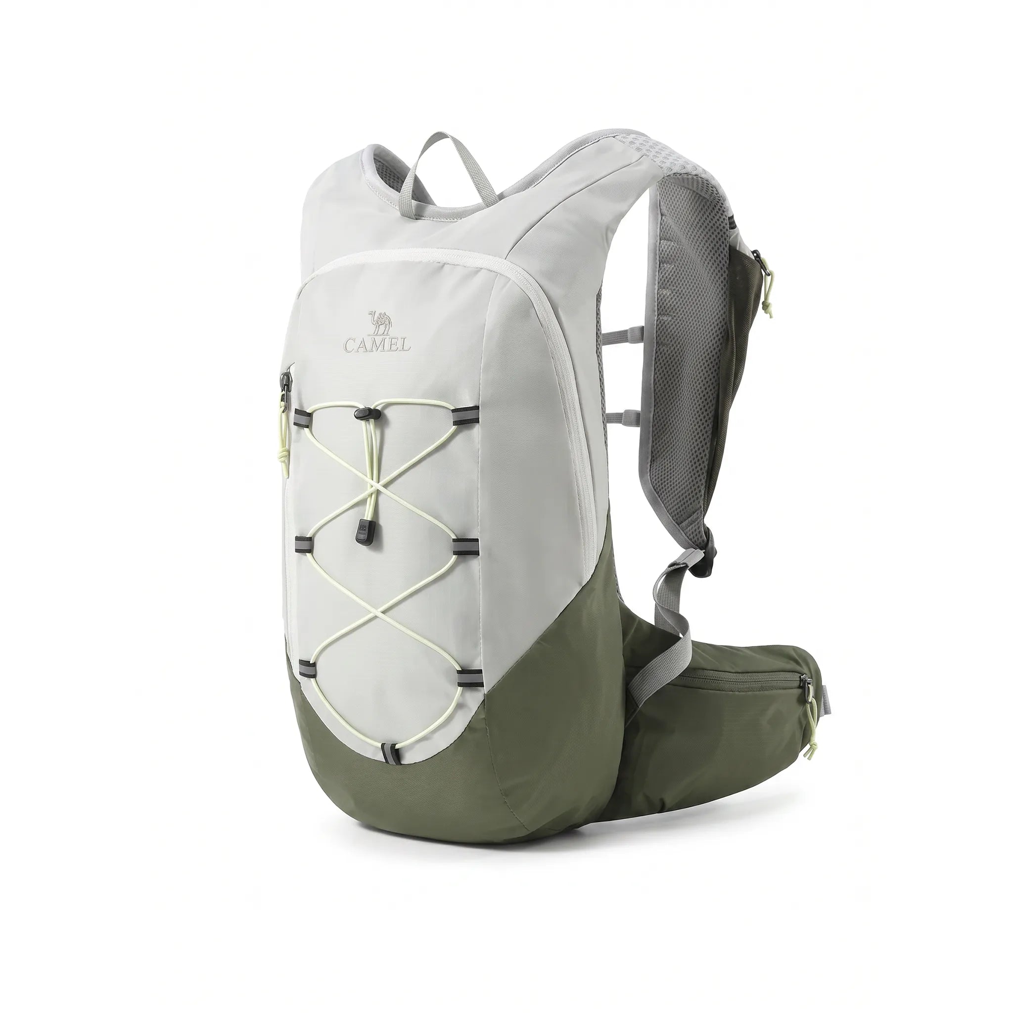 Green and gray Camel 20L lightweight hiking backpack with front bungee storage, padded shoulder straps, and waist support.