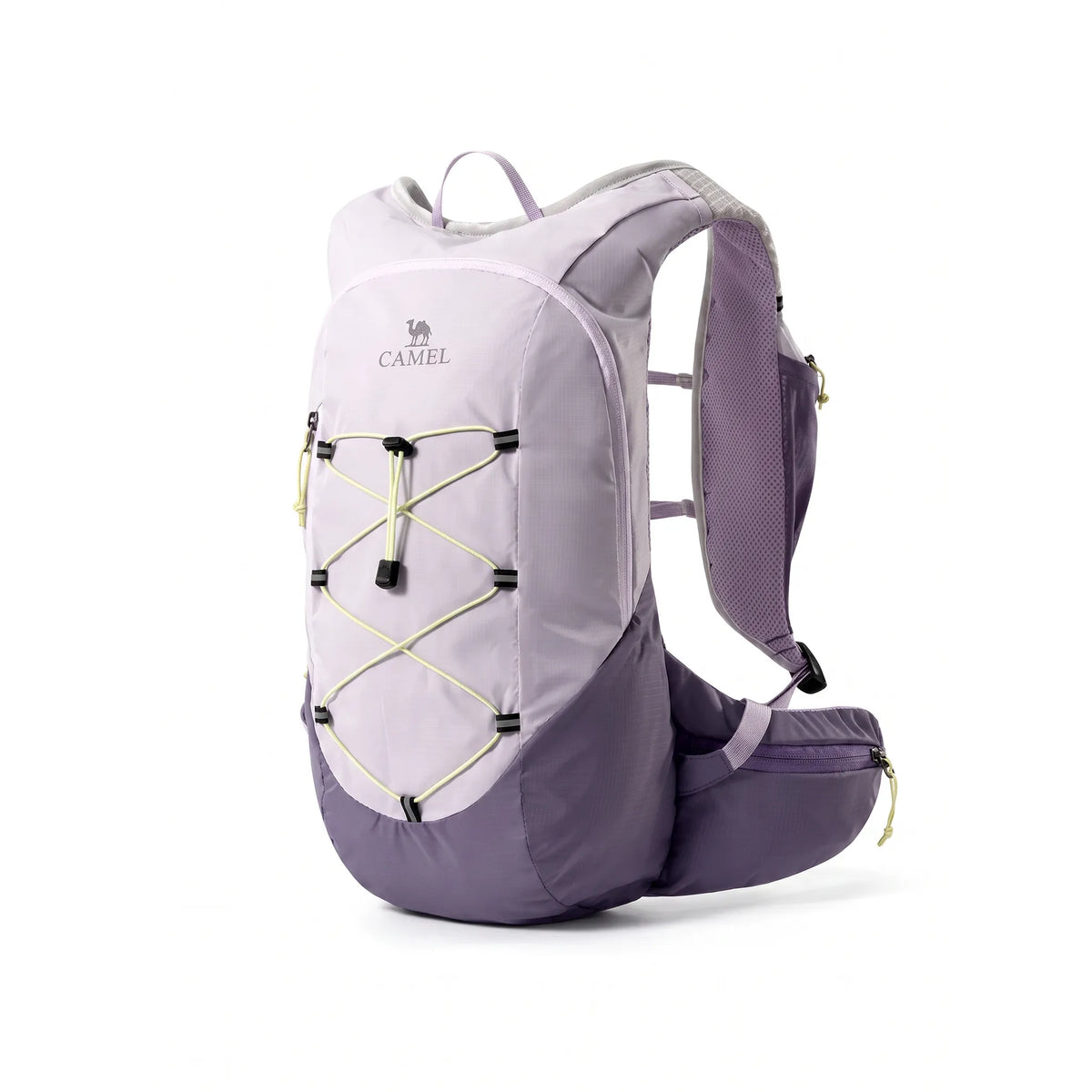 Light Purple Camel 20L lightweight hiking backpack with front bungee storage, padded shoulder straps, and zippered waist support.