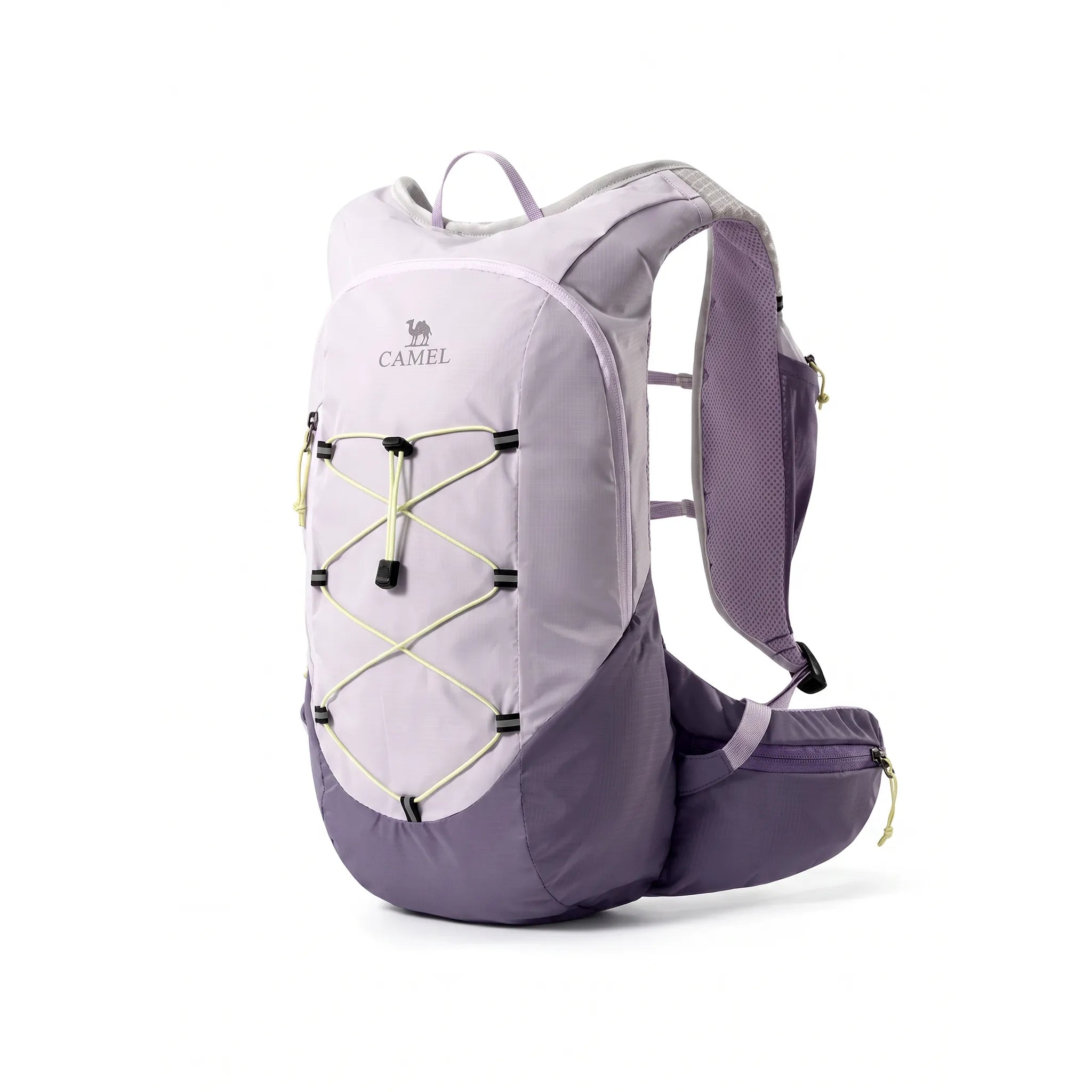 Light Purple Camel 20L lightweight hiking backpack with front bungee storage, padded shoulder straps, and zippered waist support.