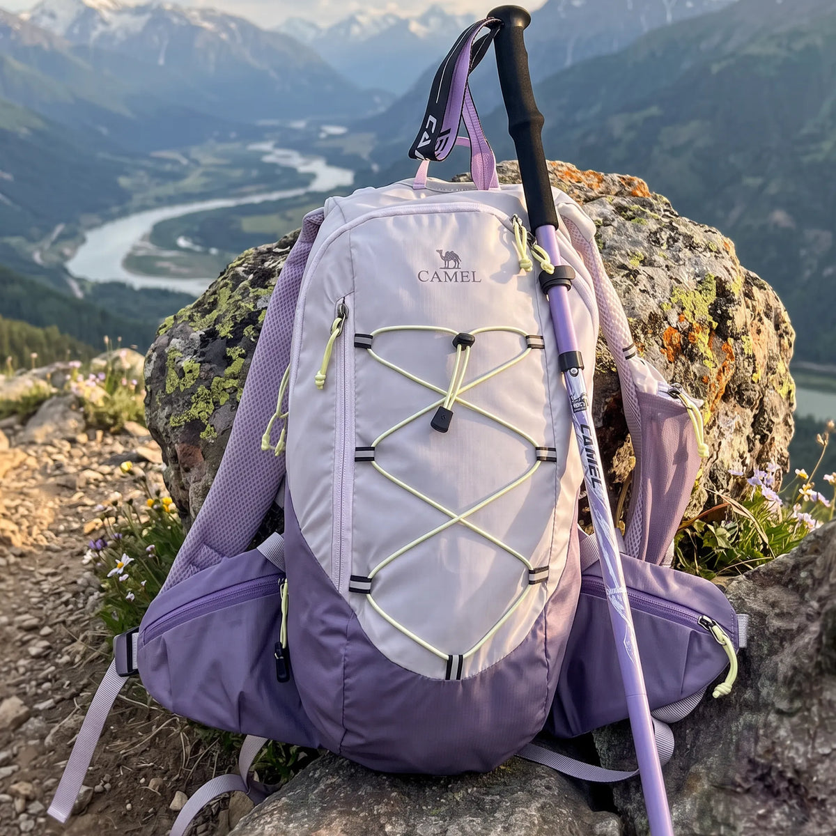 Light Purple Camel 20L lightweight hiking backpack with trekking pole resting on a rock overlooking a mountain valley.
