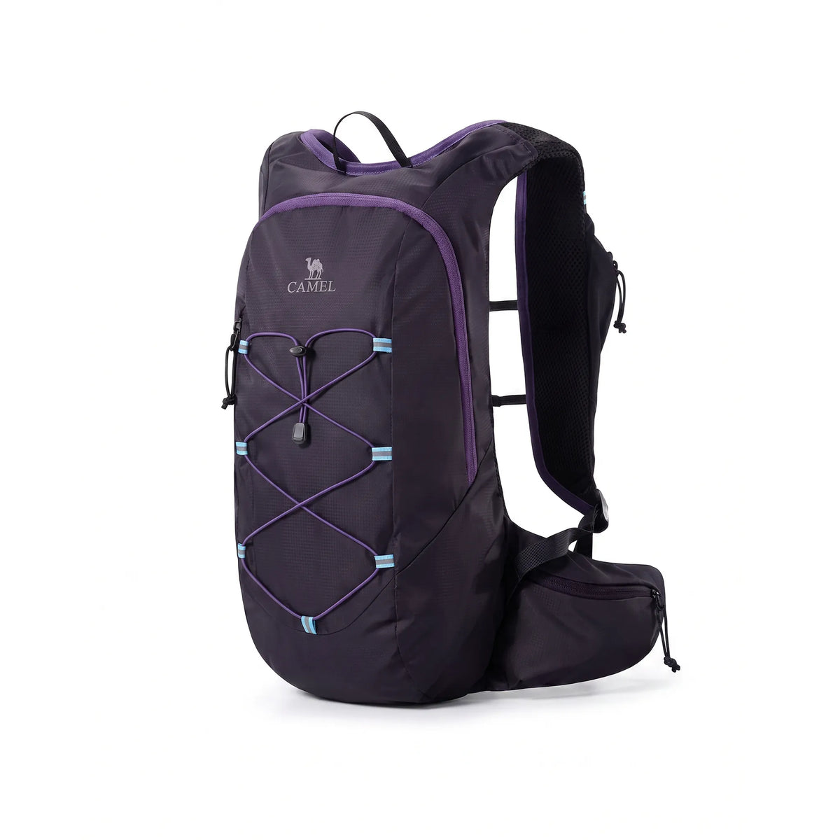 Purple Camel 20L lightweight hiking backpack with purple bungee storage, padded shoulder straps, and zippered waist support.