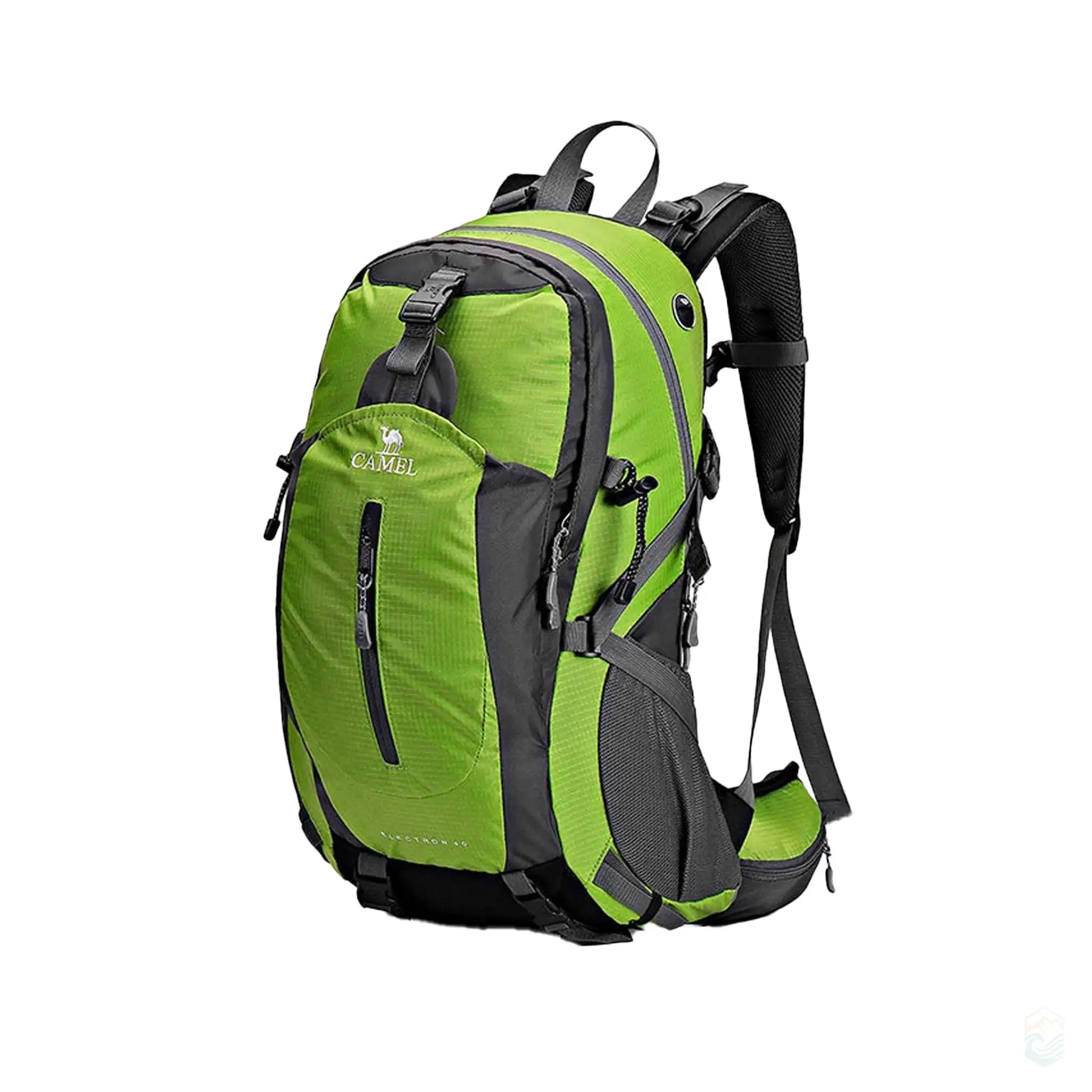 Camel 36L waterproof camping backpack in lime green, featuring water-resistant fabric, adjustable straps for optimal comfort, and a high-capacity design. Includes a waterproof rain cover, ideal for outdoor hiking and camping.