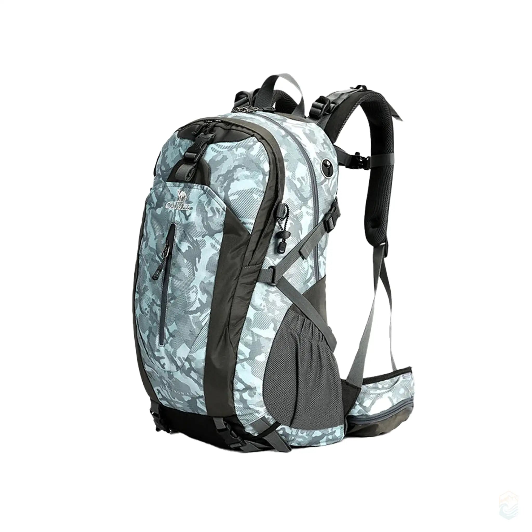 Camel 36L waterproof camping backpack in white camo with water-repellent fabric, high-capacity design, and adjustable straps for comfortable carrying. Equipped with a waterproof rain cover, perfect for outdoor hiking and camping adventures.