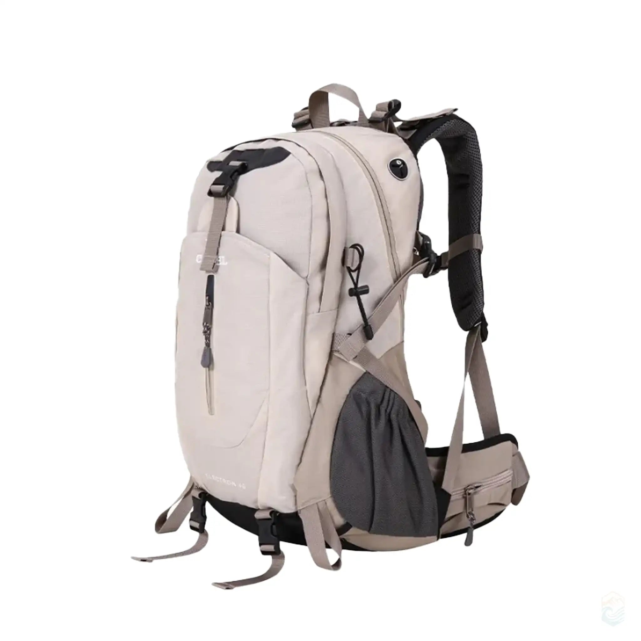 Khaki Camel 40L waterproof hiking backpack showing dimensions, includes ergonomic design with adjustable straps, multiple storage pockets, and rain cover, ideal for outdoor adventures.