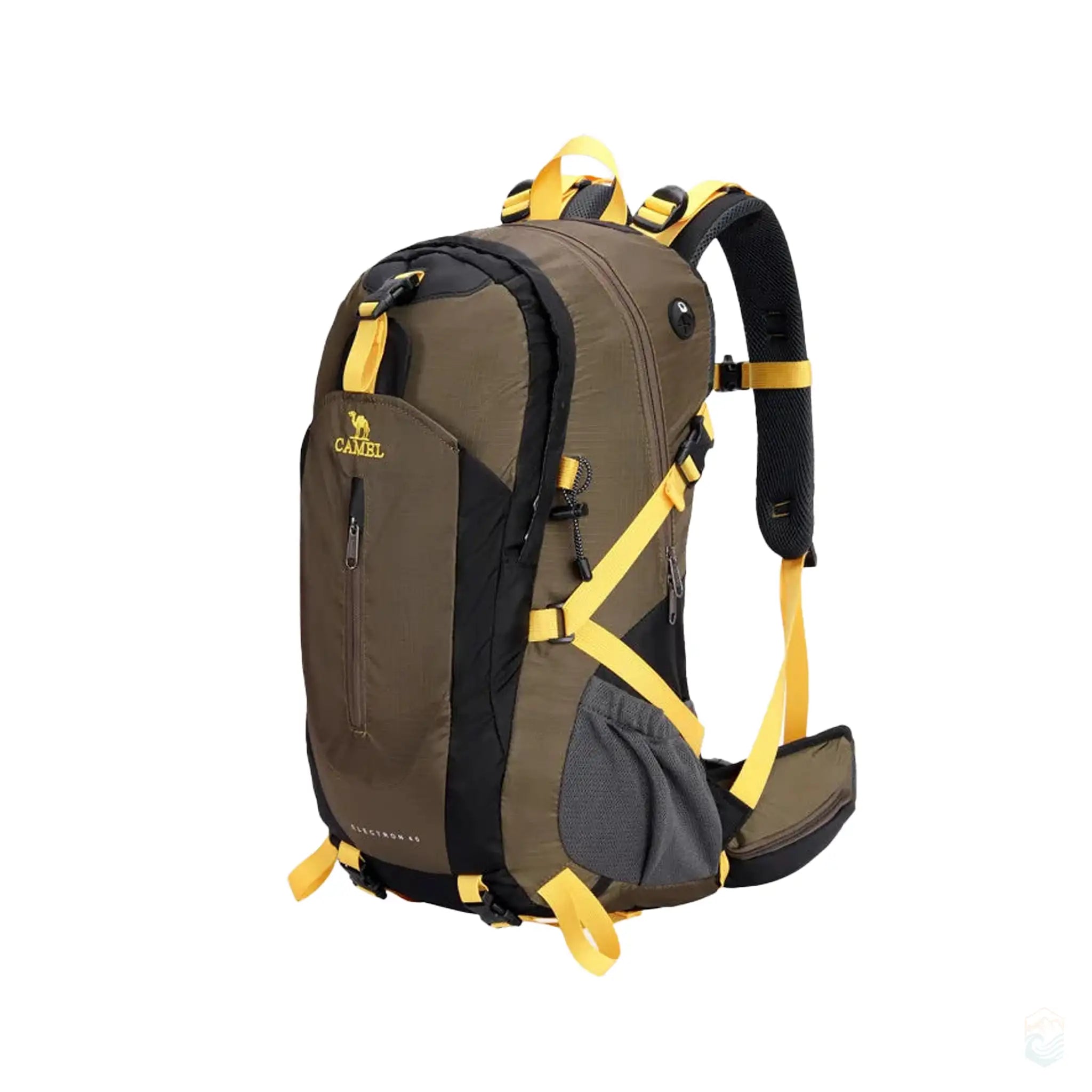 Superior bronze Camel 40L waterproof hiking backpack featuring a durable exterior, ergonomic design, and multiple secure compartments, ideal for rugged outdoor trails.