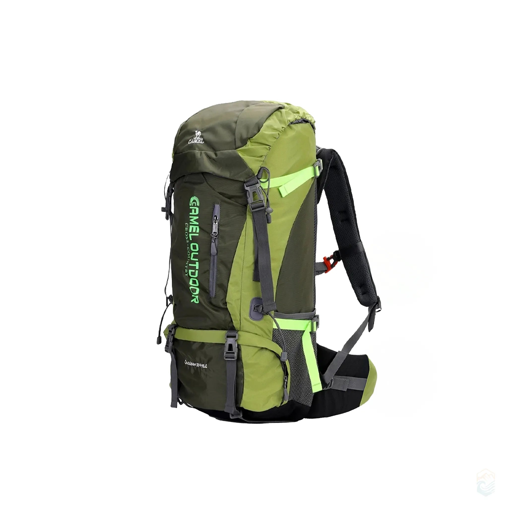 CAMEL 56L green hiking backpack with multi-tone green design, compression straps, and breathable back panel