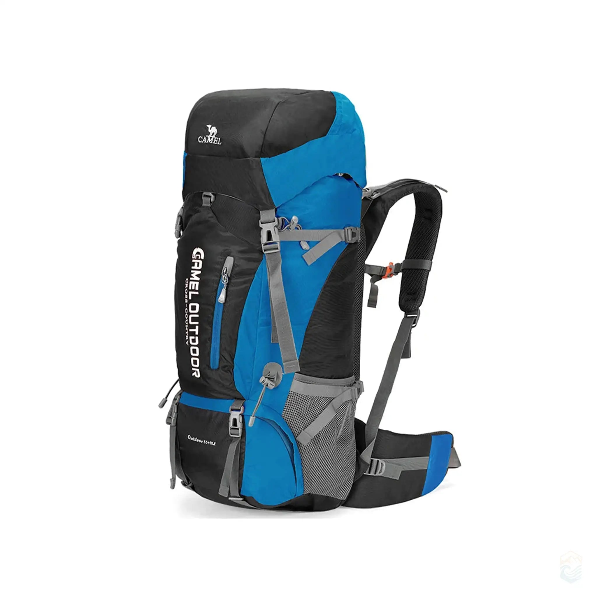 Camel 65L waterproof hiking backpack in dark aqua, featuring multiple compartments, adjustable straps, and a durable design, ideal for long trekking and outdoor expeditions.