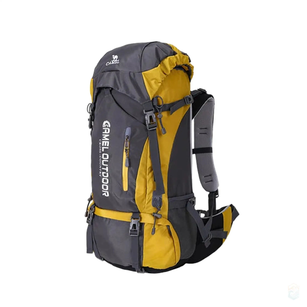 Camel 65L waterproof hiking backpack in dark gray, featuring a spacious design, breathable fabric, and adjustable straps, perfect for extended outdoor excursions and trekking.