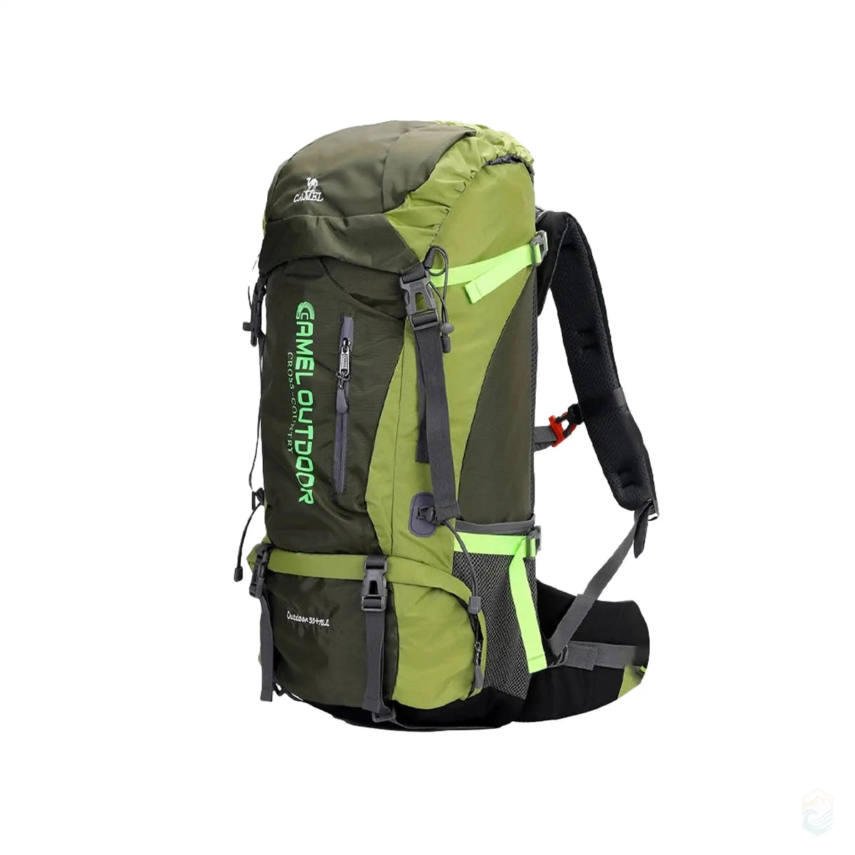 Camel 65L waterproof hiking backpack in green, equipped with breathable mesh pads, a two-way zipper, and adjustable back length, perfect for extended outdoor adventures and hiking.