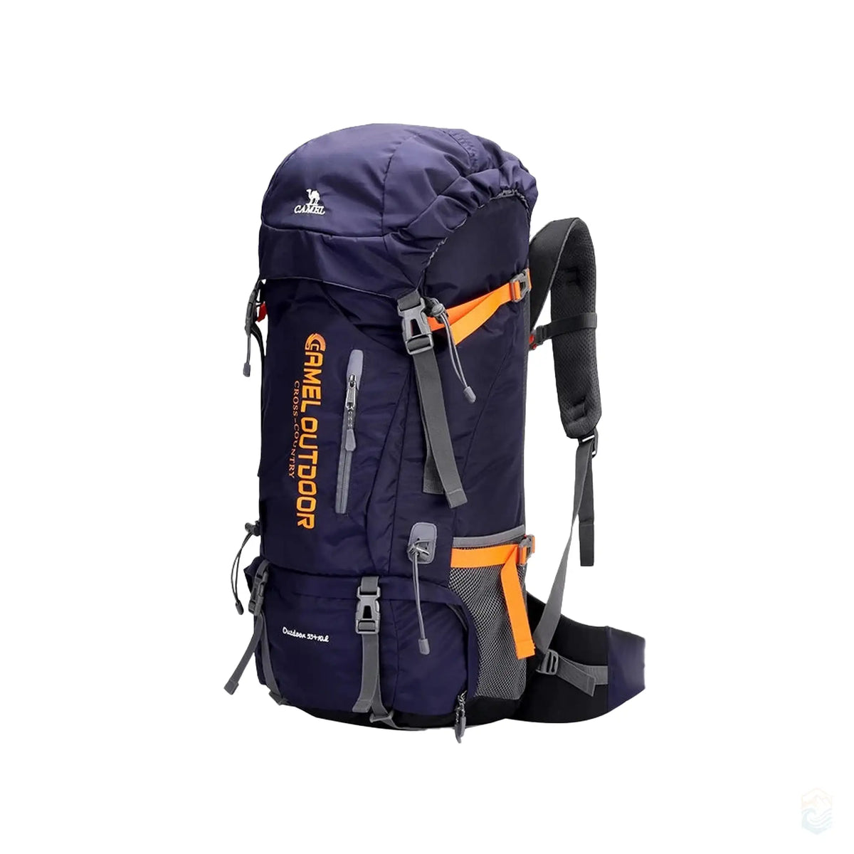 Camel 65L waterproof hiking backpack in purple, featuring breathable mesh pads, a two-way zipper, and adjustable back length, designed for long outdoor hikes and expeditions.