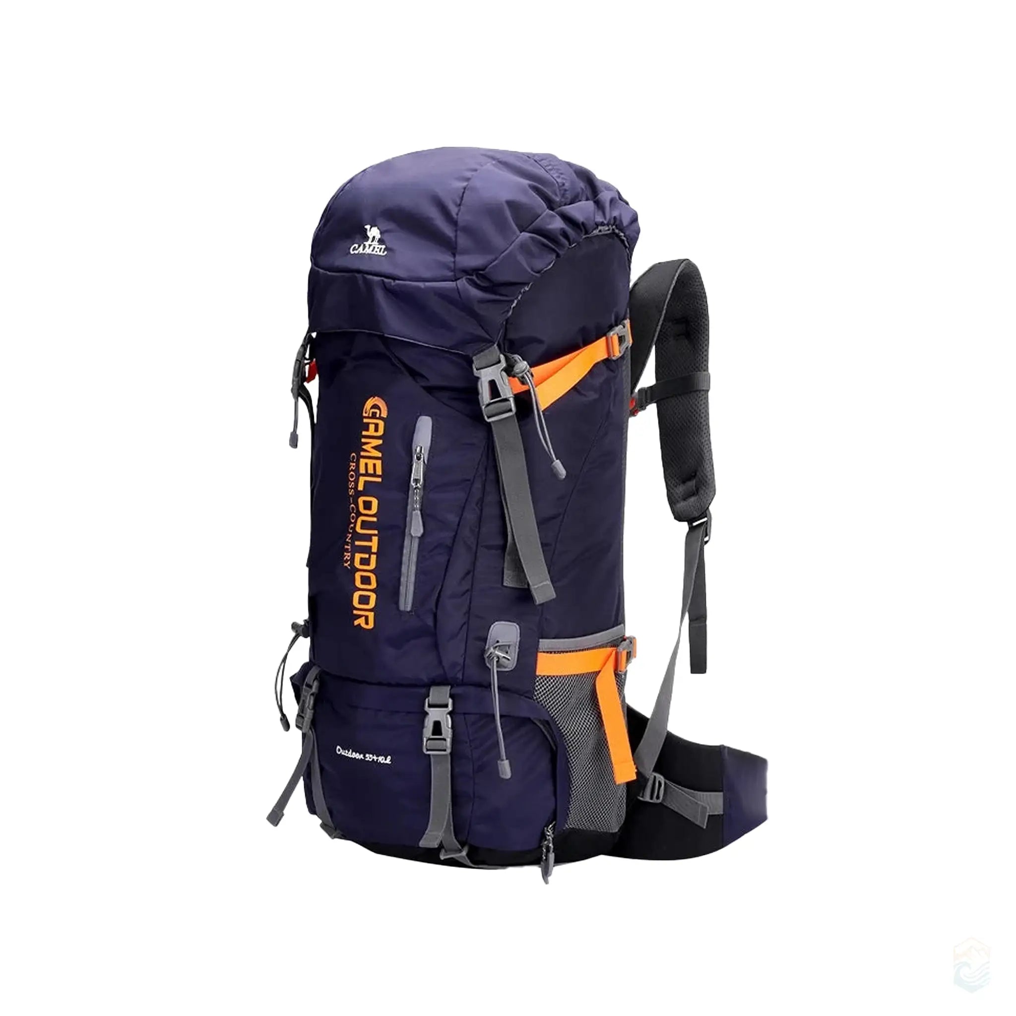 Camel 65L waterproof hiking backpack in purple, featuring breathable mesh pads, a two-way zipper, and adjustable back length, designed for long outdoor hikes and expeditions.