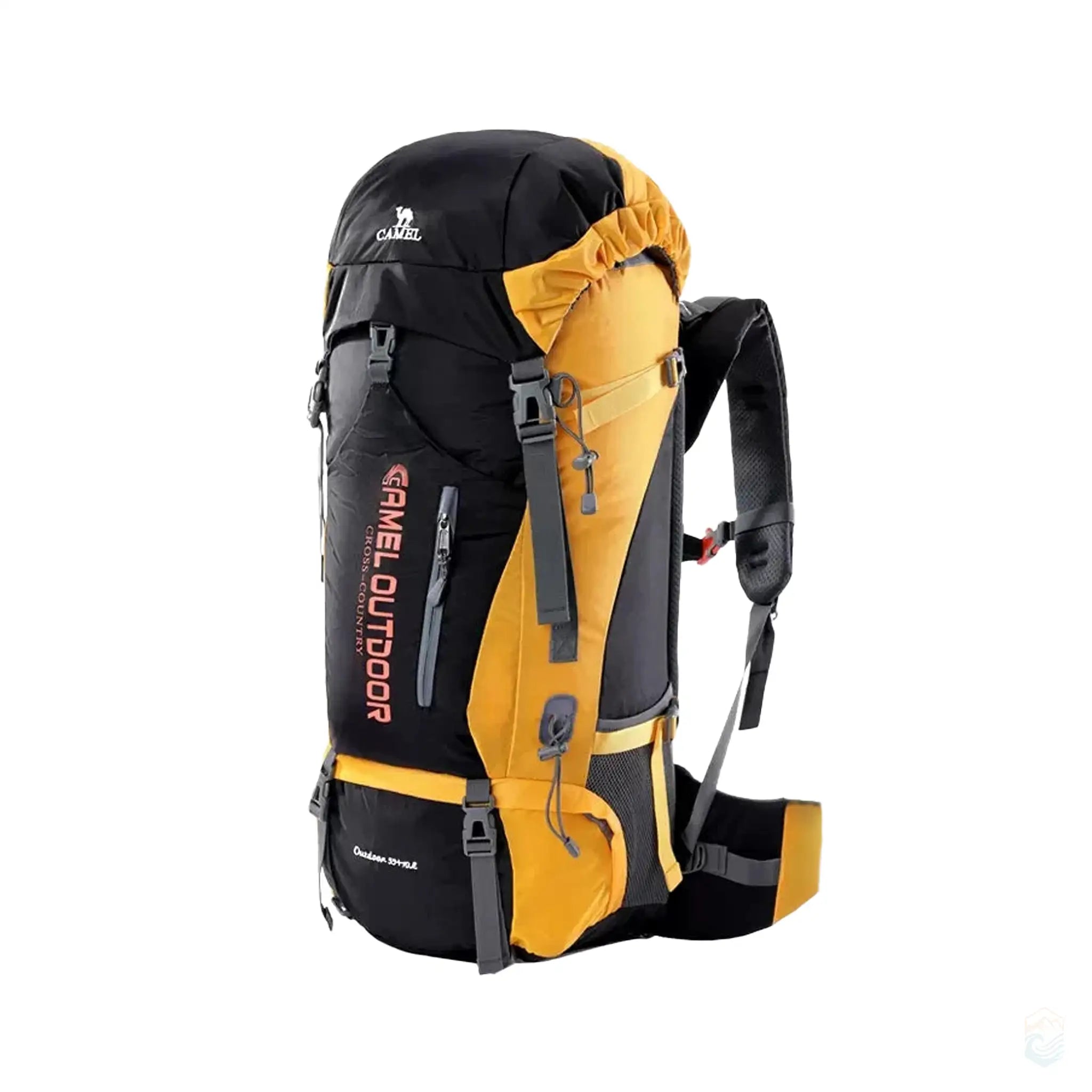 Camel 65L waterproof hiking backpack in yellow, featuring breathable mesh pads, a two-way zipper, and adjustable back length, ideal for long-distance hiking and outdoor activities.