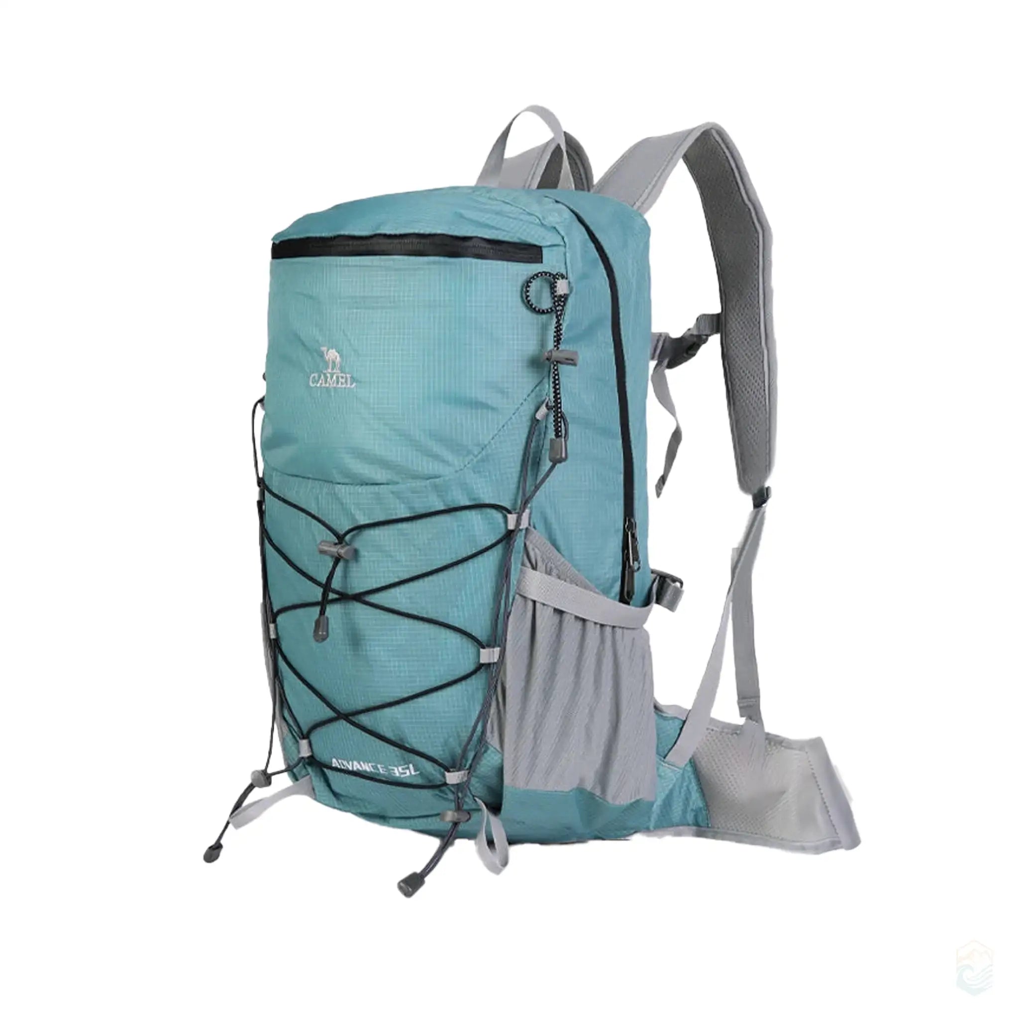 Camel 35L waterproof outdoor backpack in crystal blue, featuring a brand logo, breathable hoverback design, and integrated rain cover for versatile hiking and outdoor adventures.