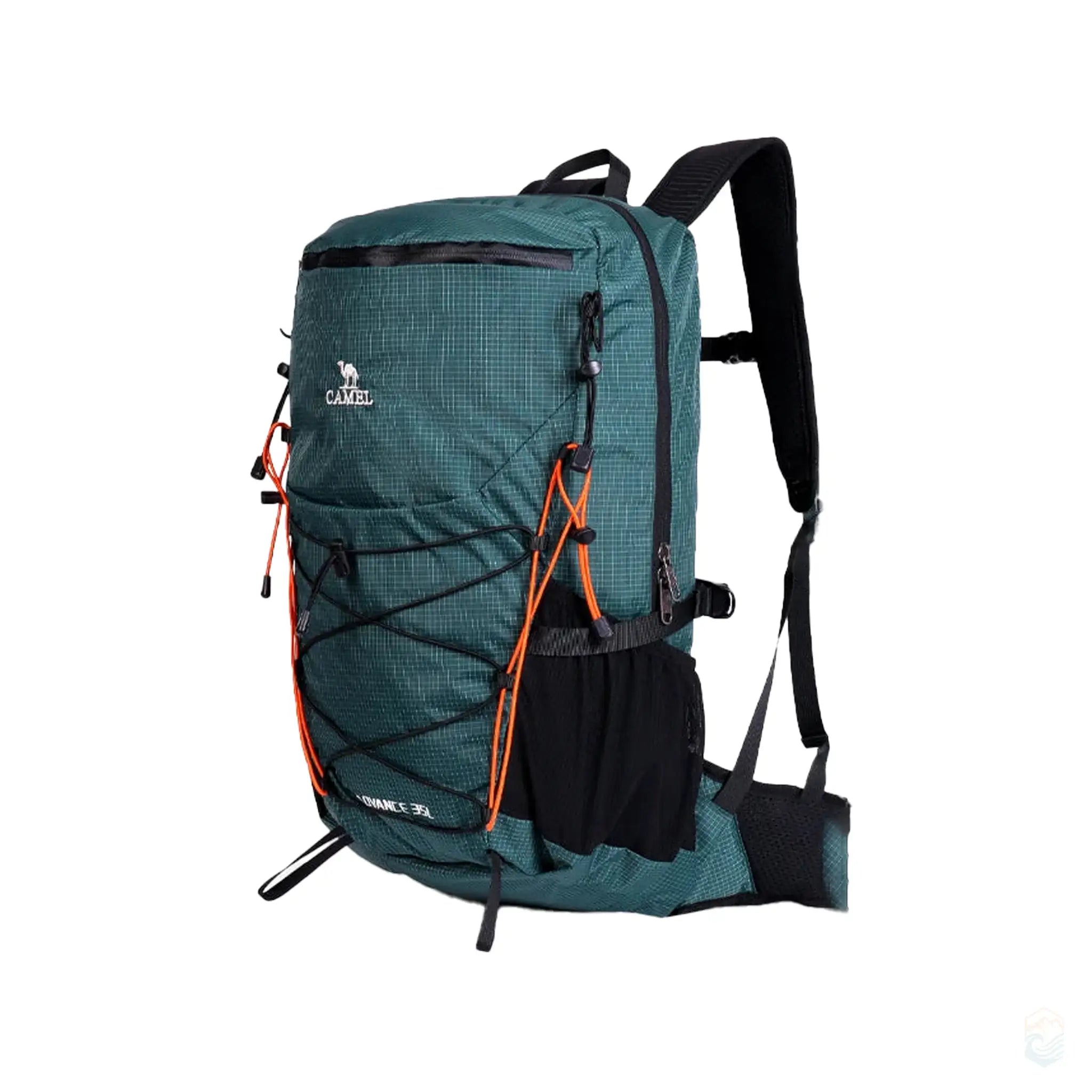 Camel 35L waterproof outdoor backpack in dark aqua, featuring a brand logo, breathable hoverback design, and an integrated rain cover with orange accents, ideal for hiking and outdoor activities.