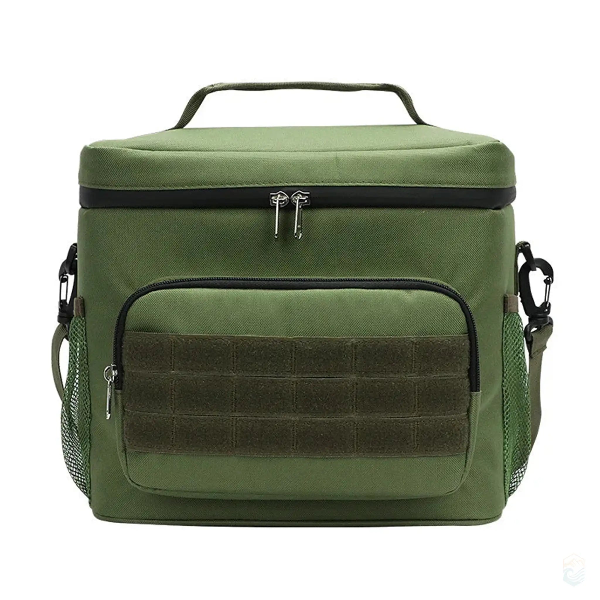 Camping cooler bag in army green color with a front pocket and carrying handle.