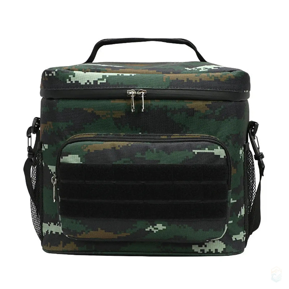 Camping cooler bag in black camo design with a front pocket and carrying handle.