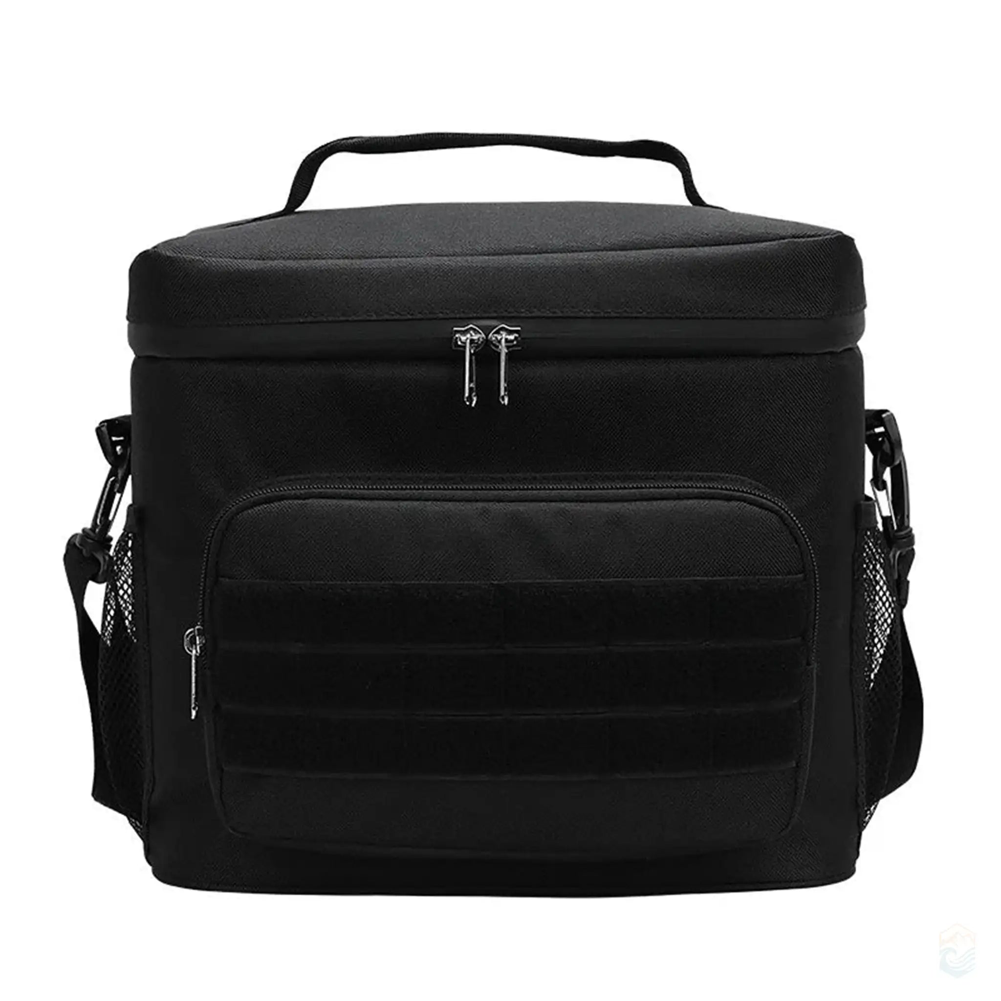 Camping cooler bag in midnight black with a front pocket and carrying handle.