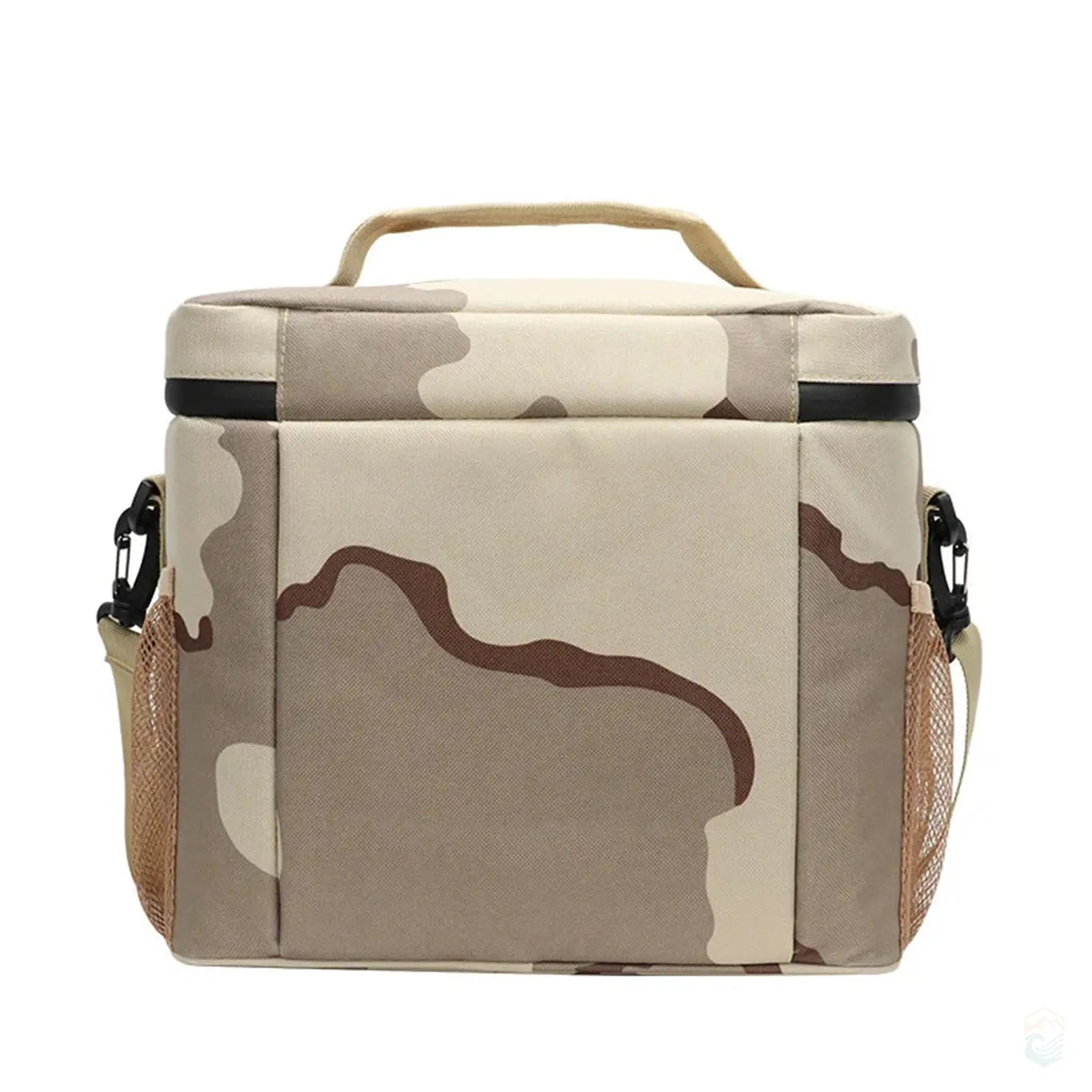 Back view of camping cooler bag in sand camo color showing the rear design and side mesh pockets.