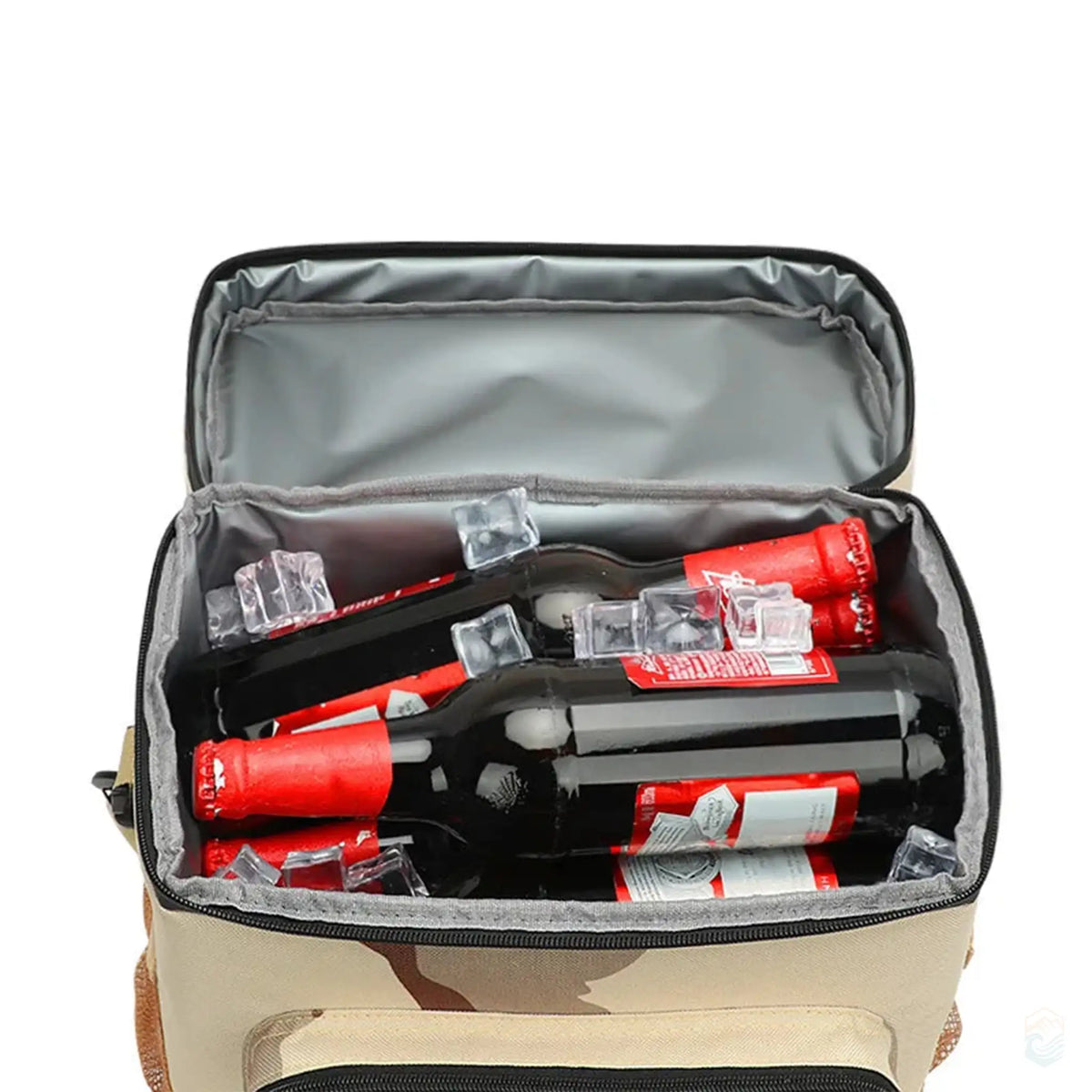 Top view of camping cooler bag in sand camo color with the lid open, showing bottles and ice inside.