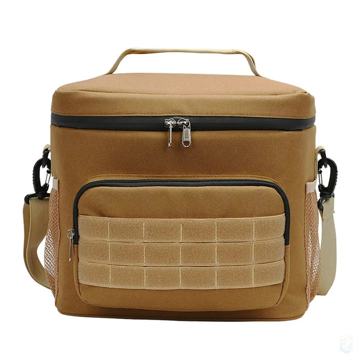 Camping cooler bag in sandstone color with a front pocket and carrying handle.