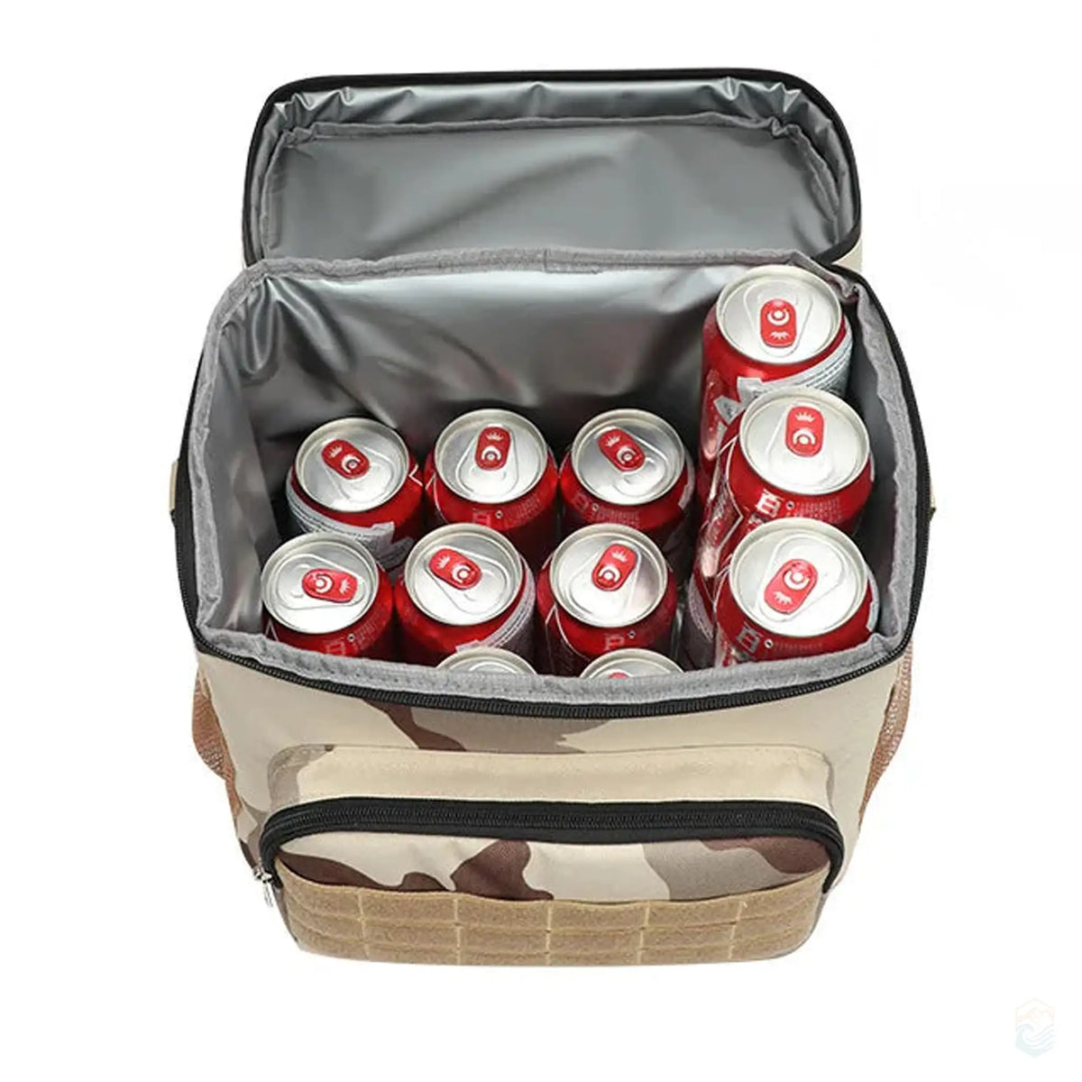 Top view of a sand camo camping cooler bag filled with soda cans, showing the spacious interior and insulation.