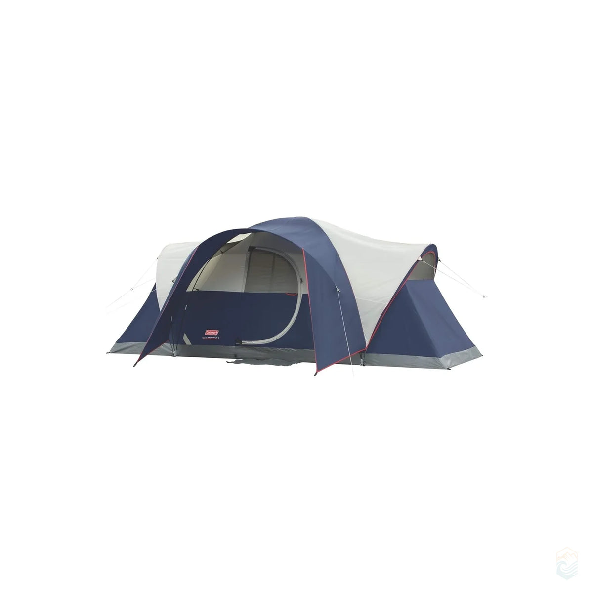 Angled side view of Coleman 8-person tent in dark blue and gray, featuring a dome-style entrance and extended rainfly.