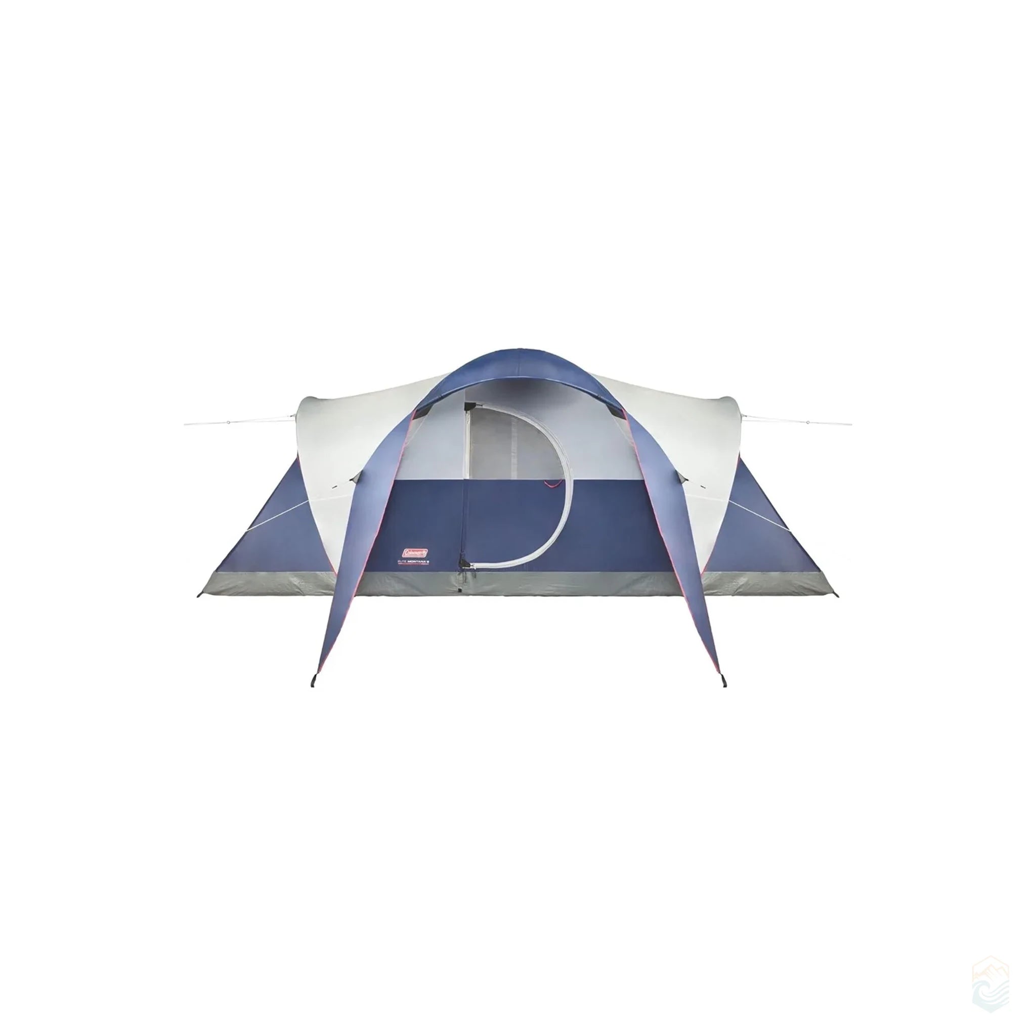 Front view of Coleman 8-person dark blue and gray tent with extended rainfly and zippered front door.