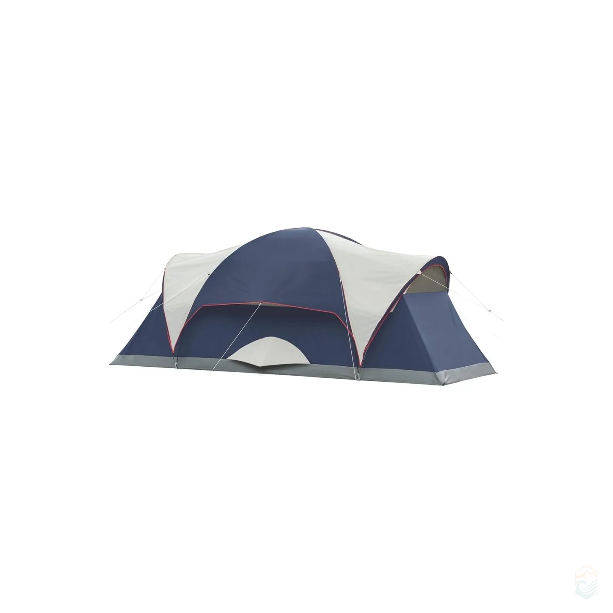 Coleman 8-person dome-style camping tent in dark blue and gray with red trim, fully set up on a white background. The tent features an extended rainfly for added weather protection, multiple guy lines for stability, and a spacious interior layout ideal for family or group camping trips. Its rounded top and wide footprint indicate generous sleeping space and headroom.