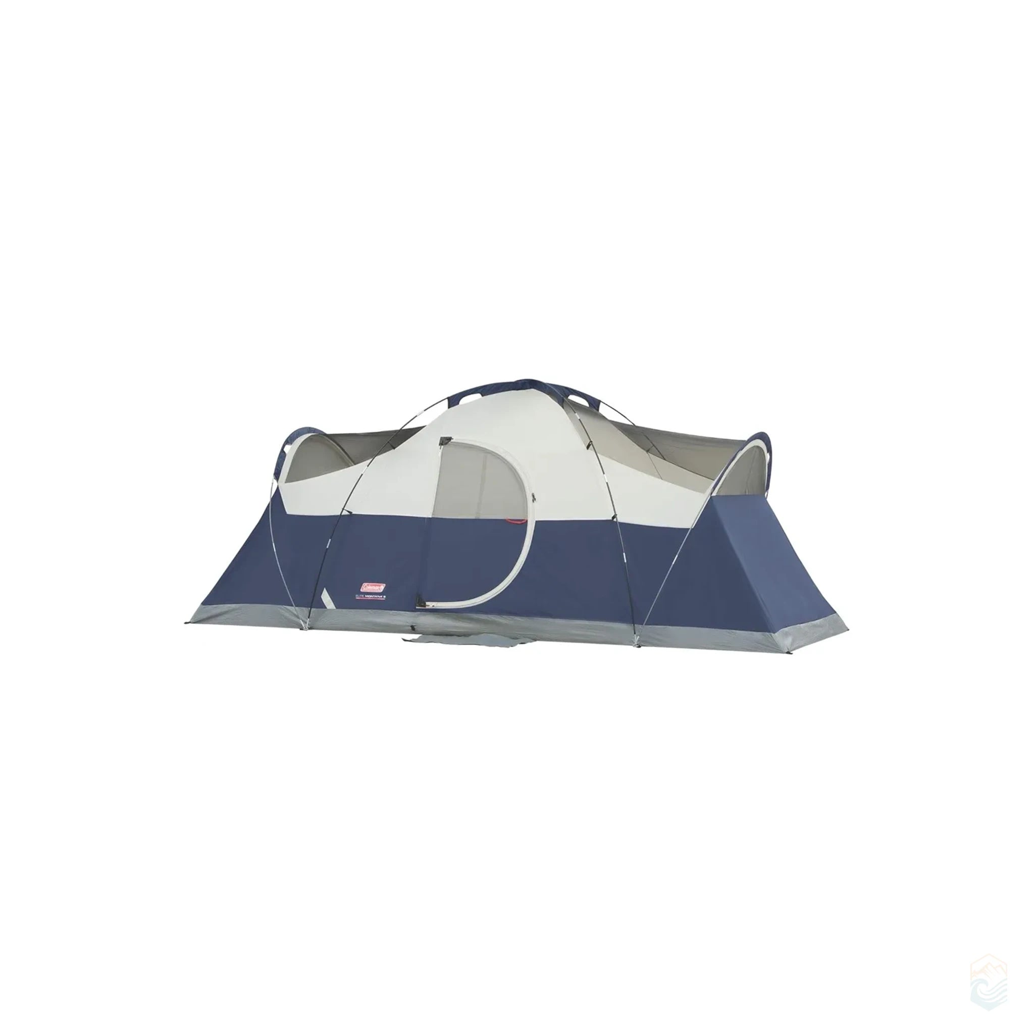 A large, dark blue and gray Coleman camping tent designed for up to 8 people, featuring a tall, dome-shaped frame with a curved front door, mesh windows for ventilation, and waterproof fabric for 3-season outdoor use. The tent is fully set up on a plain white background, showcasing its spacious structure and durable construction.
