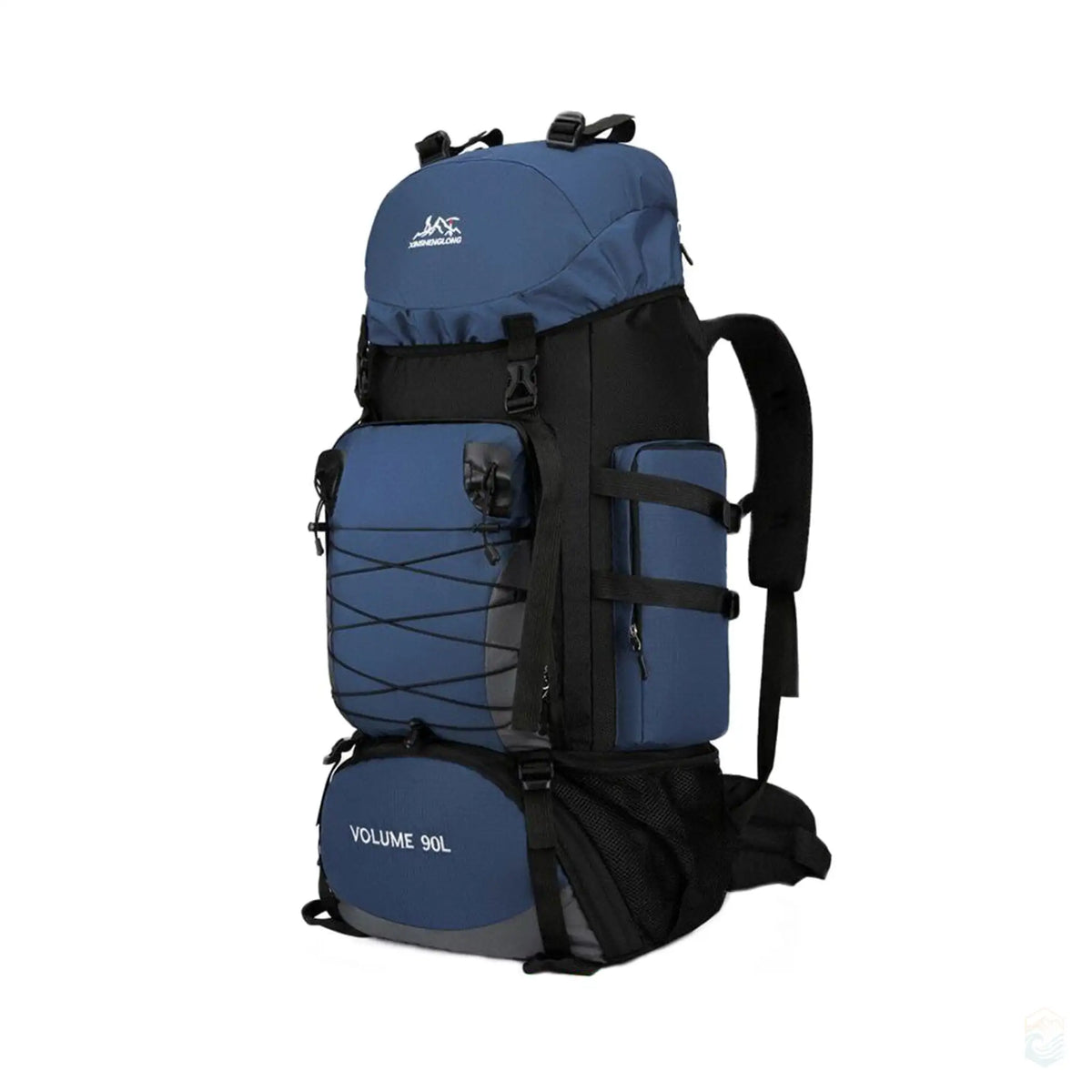 Dark blue 90L hiking backpack with multiple storage compartments, adjustable padded shoulder straps, and durable design, perfect for long hiking trips and outdoor camping.