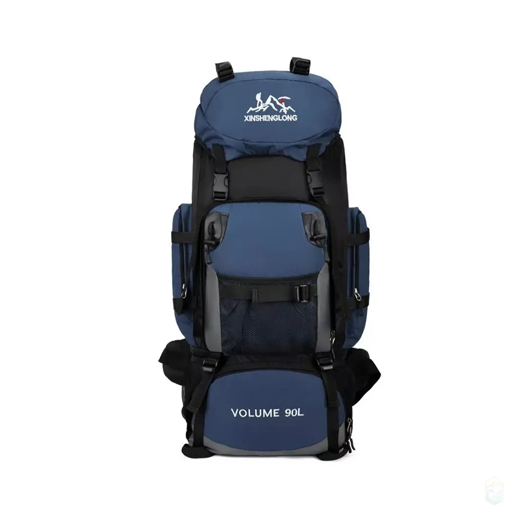 Front view of a deep blue 90L hiking backpack featuring durable construction, multiple storage compartments, and secure fastening straps for extended camping and trekking adventures.