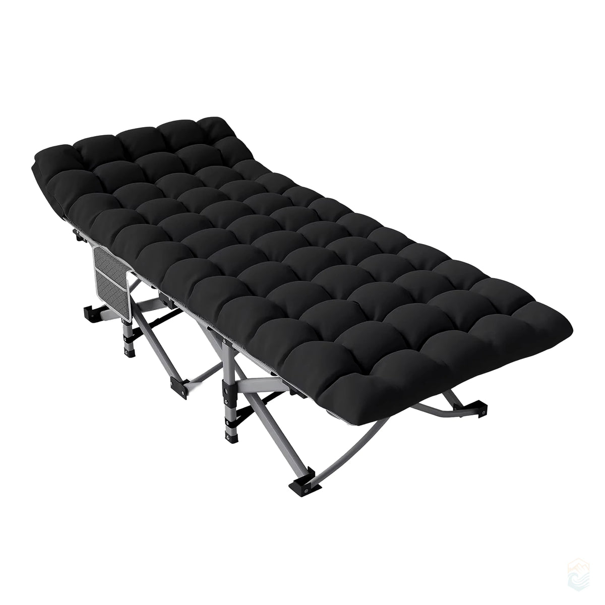Folding camping cot with black padded mattress and gray frame, includes side storage pocket for outdoor use