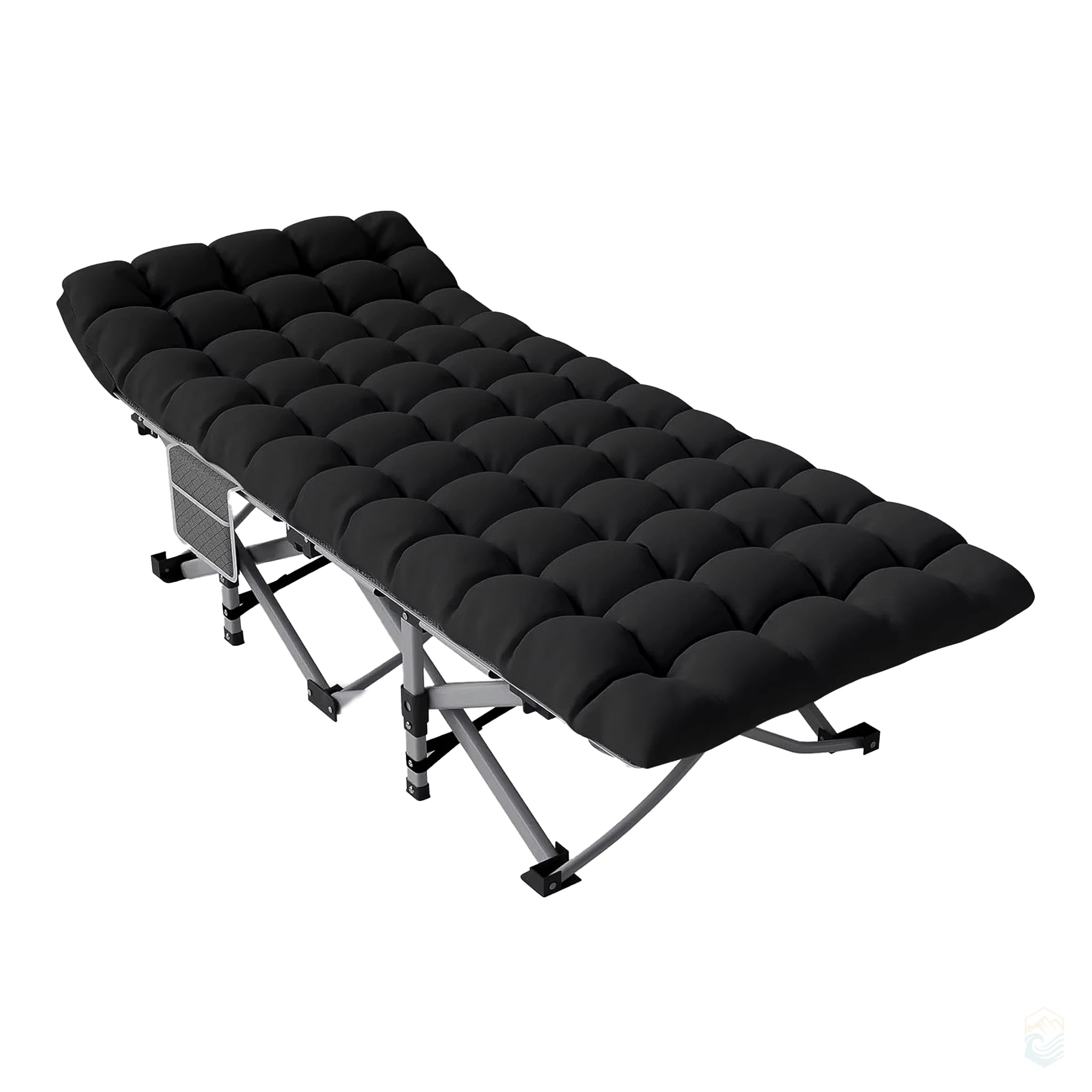 Folding camping cot with black padded mattress and gray frame, includes side storage pocket for outdoor use