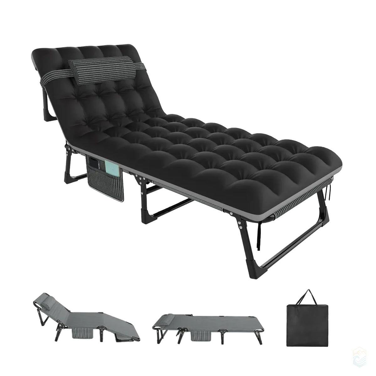 Black folding camping cot with padded cushion, adjustable backrest, and storage pocket, shown in upright and flat positions with included carrying case