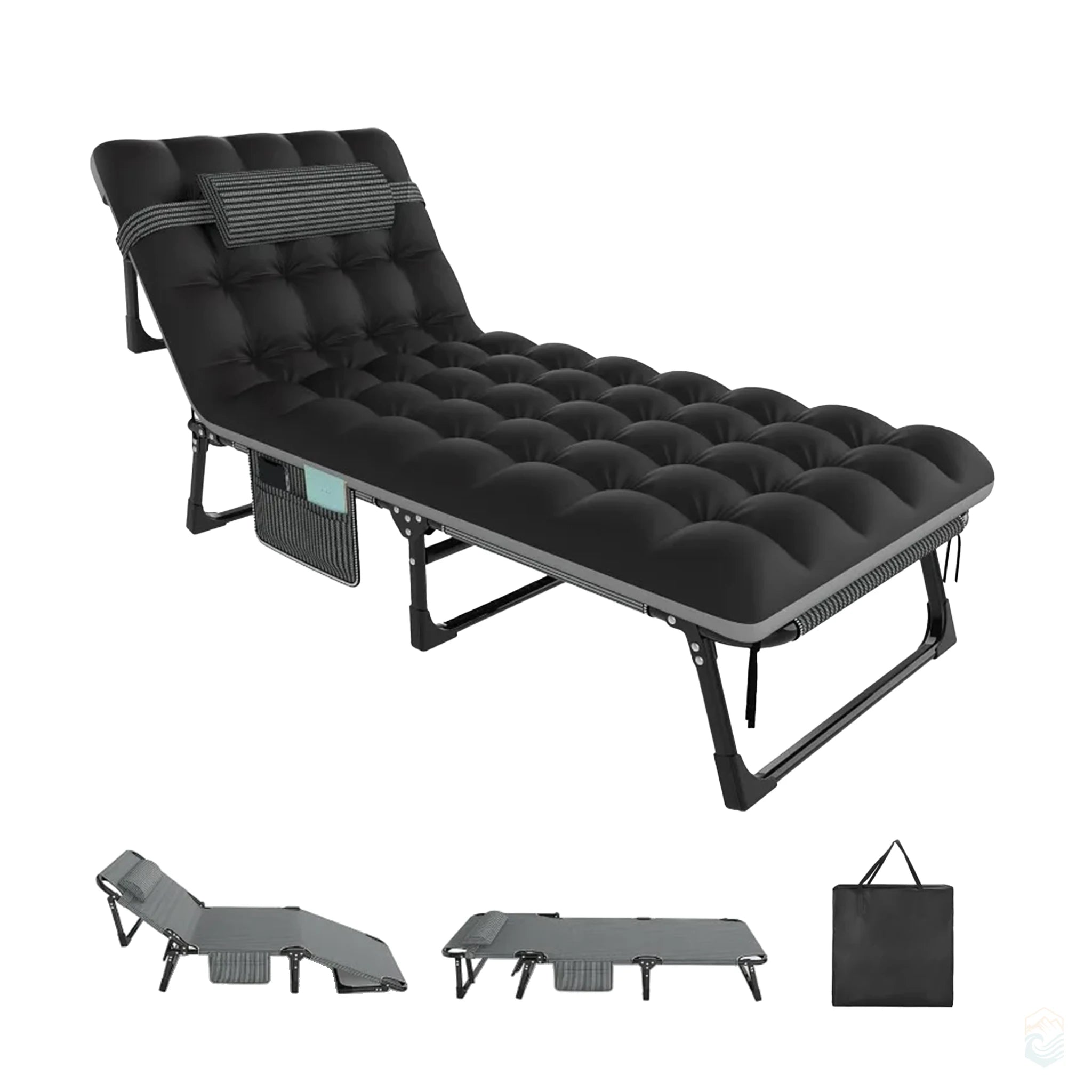 Black folding camping cot with padded cushion, adjustable backrest, and storage pocket, shown in upright and flat positions with included carrying case