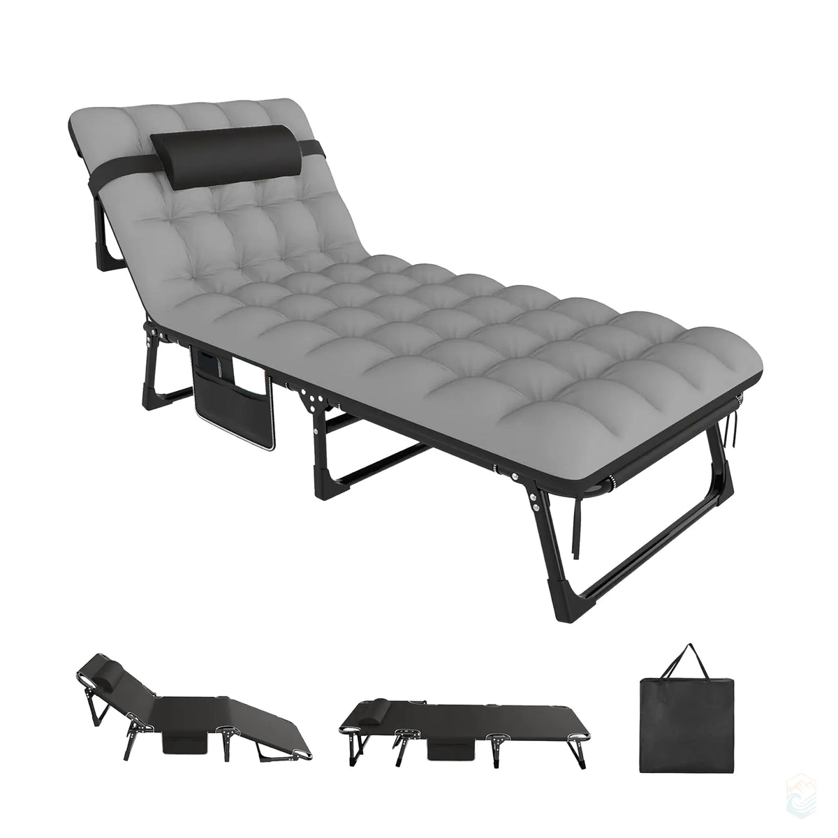 Gray folding camping cot with thick tufted padding, adjustable lounge positions, and black storage pouch, shown with folded views and carrying case