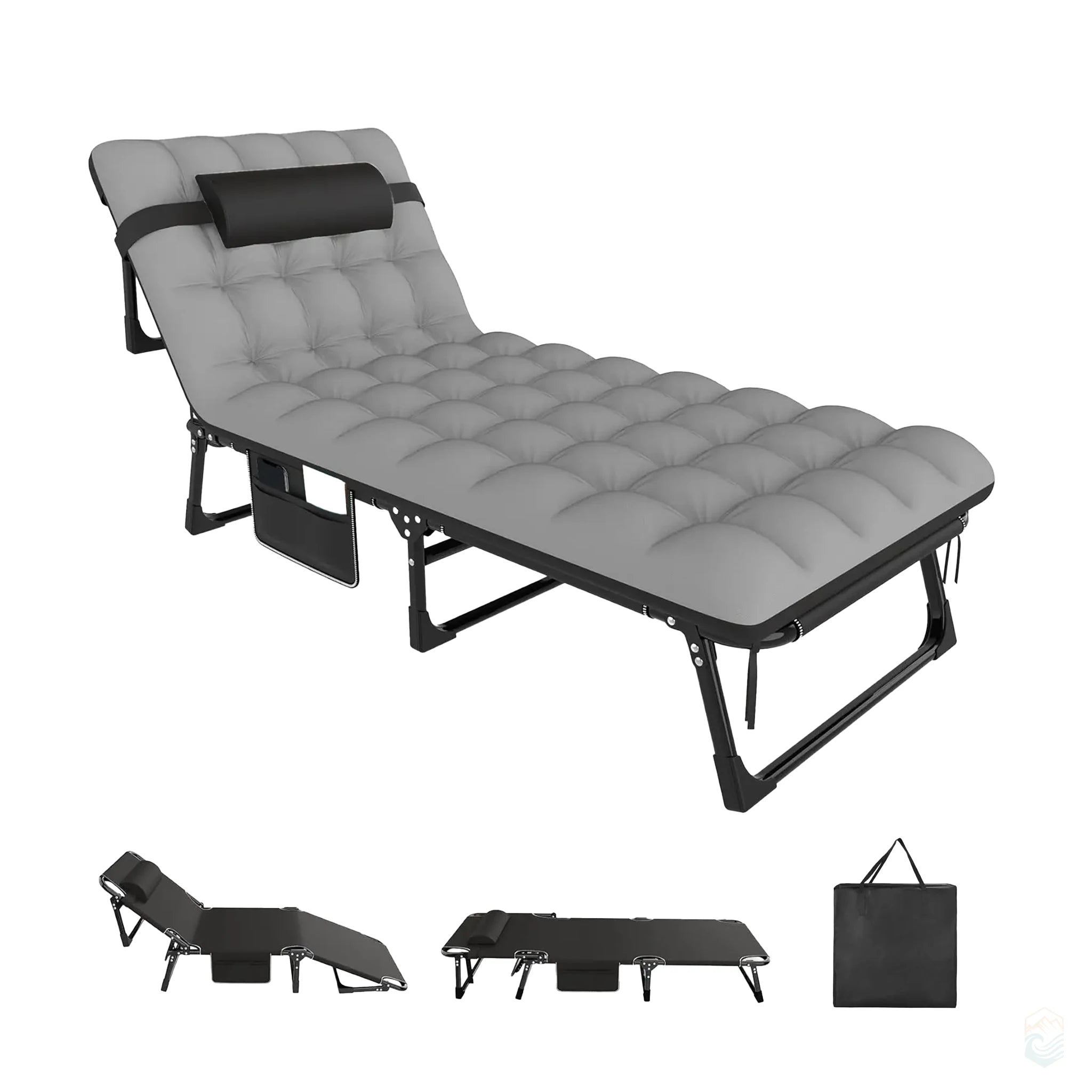 Gray folding camping cot with thick tufted padding, adjustable lounge positions, and black storage pouch, shown with folded views and carrying case